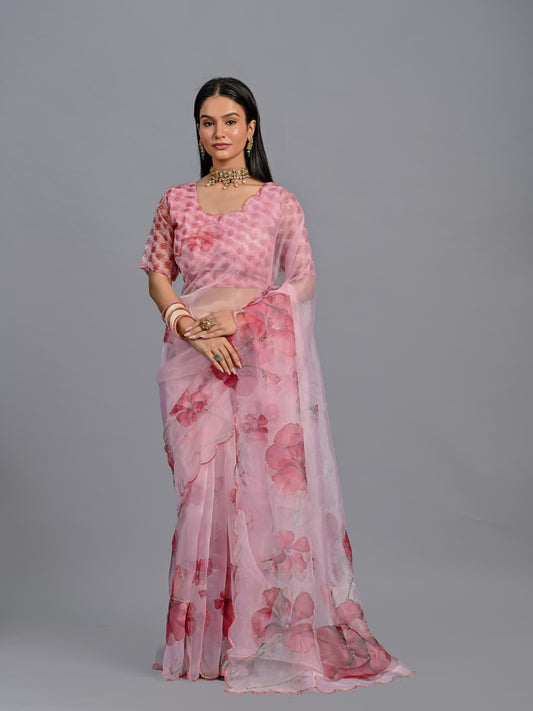 Blush Pink Floral Poly Organza Saree