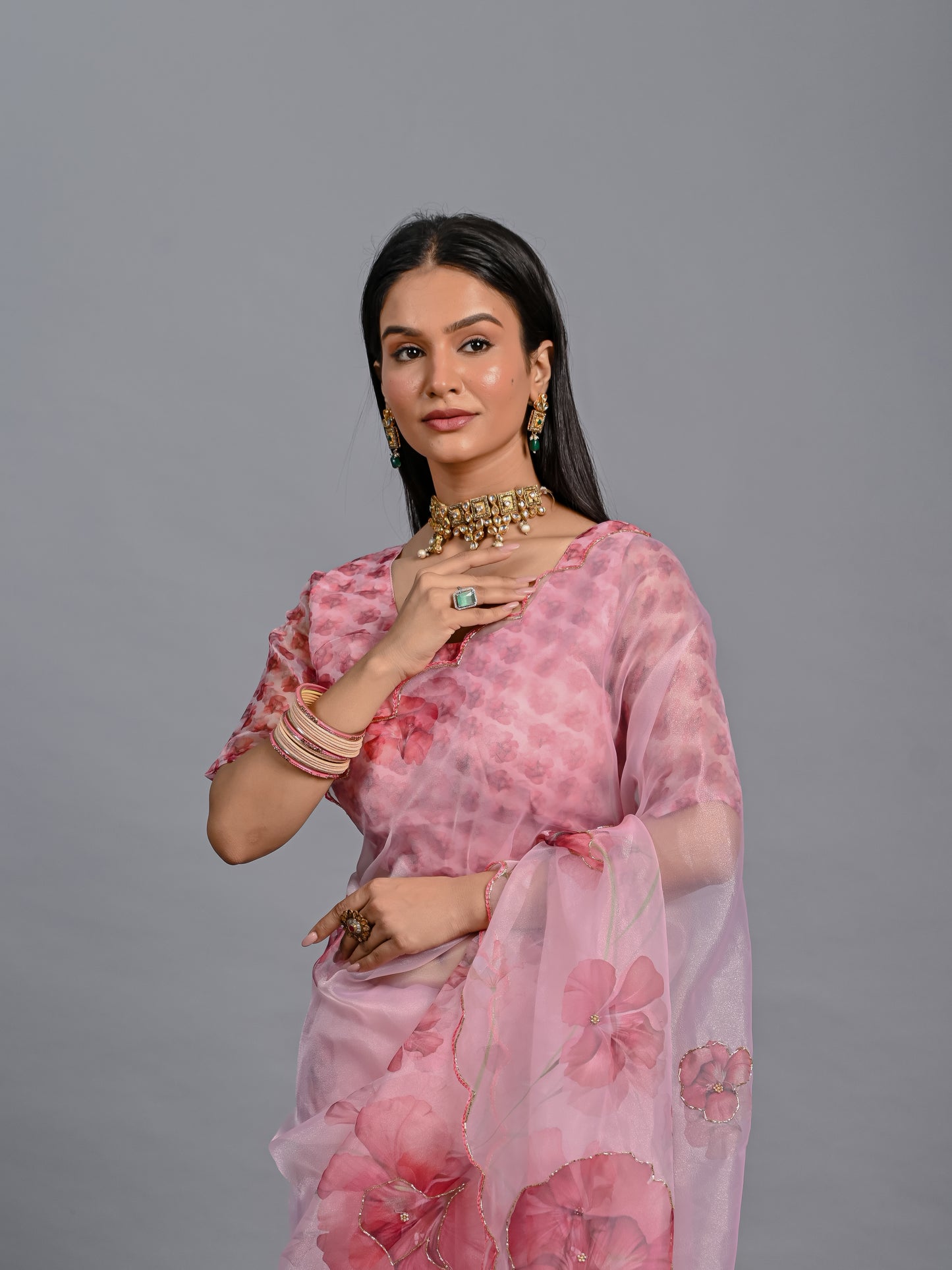 Blush Pink Floral Poly Organza Saree