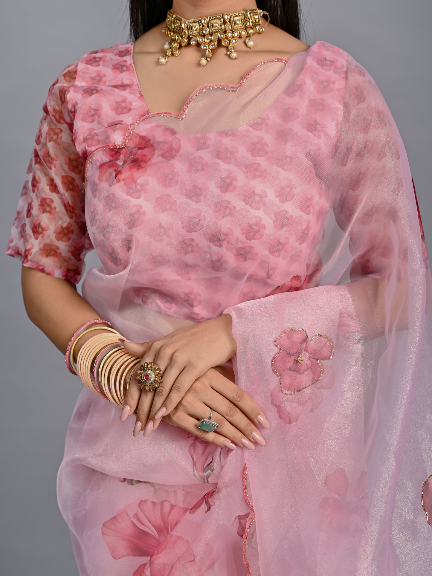 Blush Pink Floral Poly Organza Saree