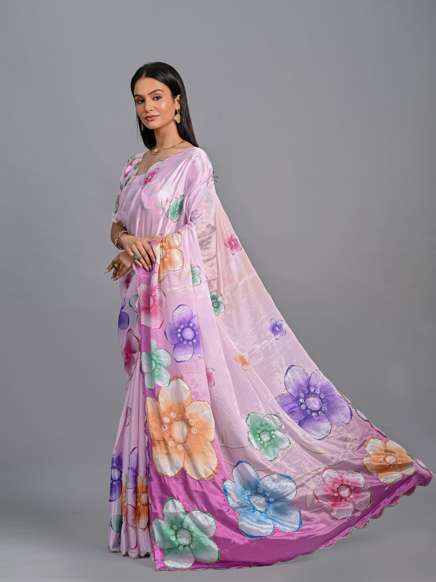 Vibrant Floral Poli Chinon Saree with Scalloped Sequin Border
