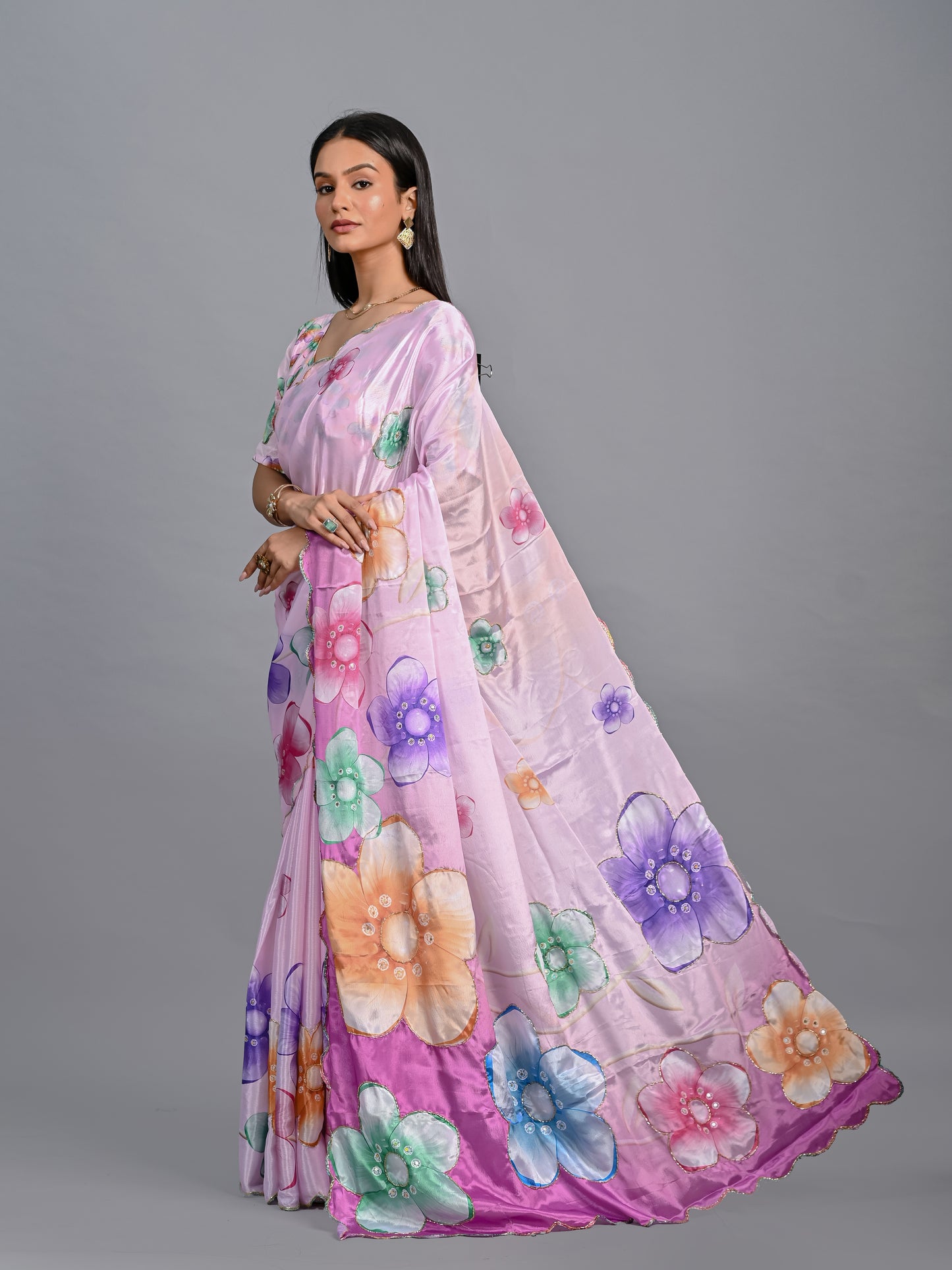 Vibrant Floral Poli Chinon Saree with Scalloped Sequin Border