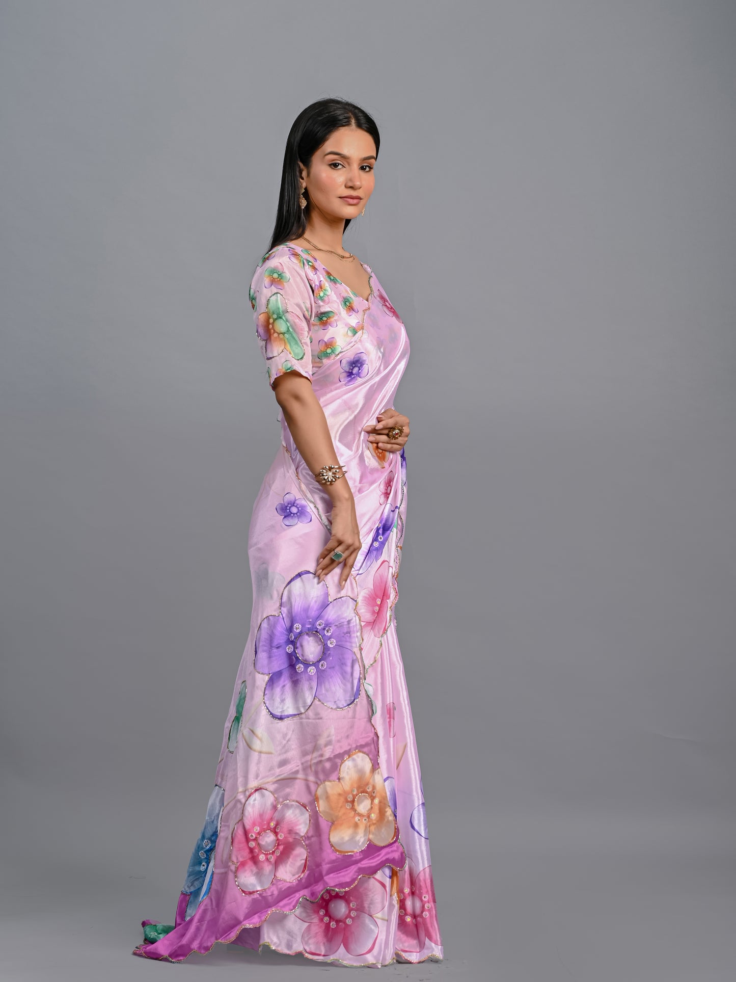 Vibrant Floral Poli Chinon Saree with Scalloped Sequin Border