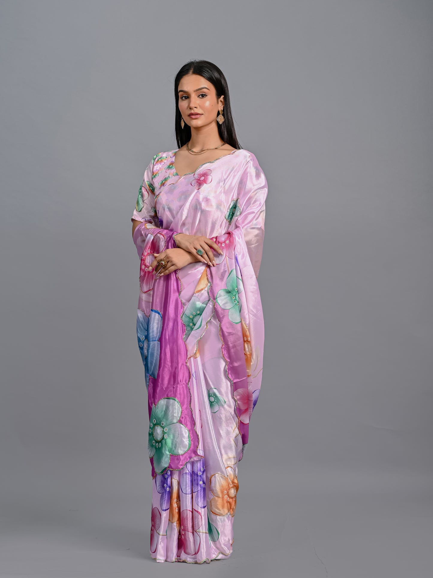 Vibrant Floral Poli Chinon Saree with Scalloped Sequin Border