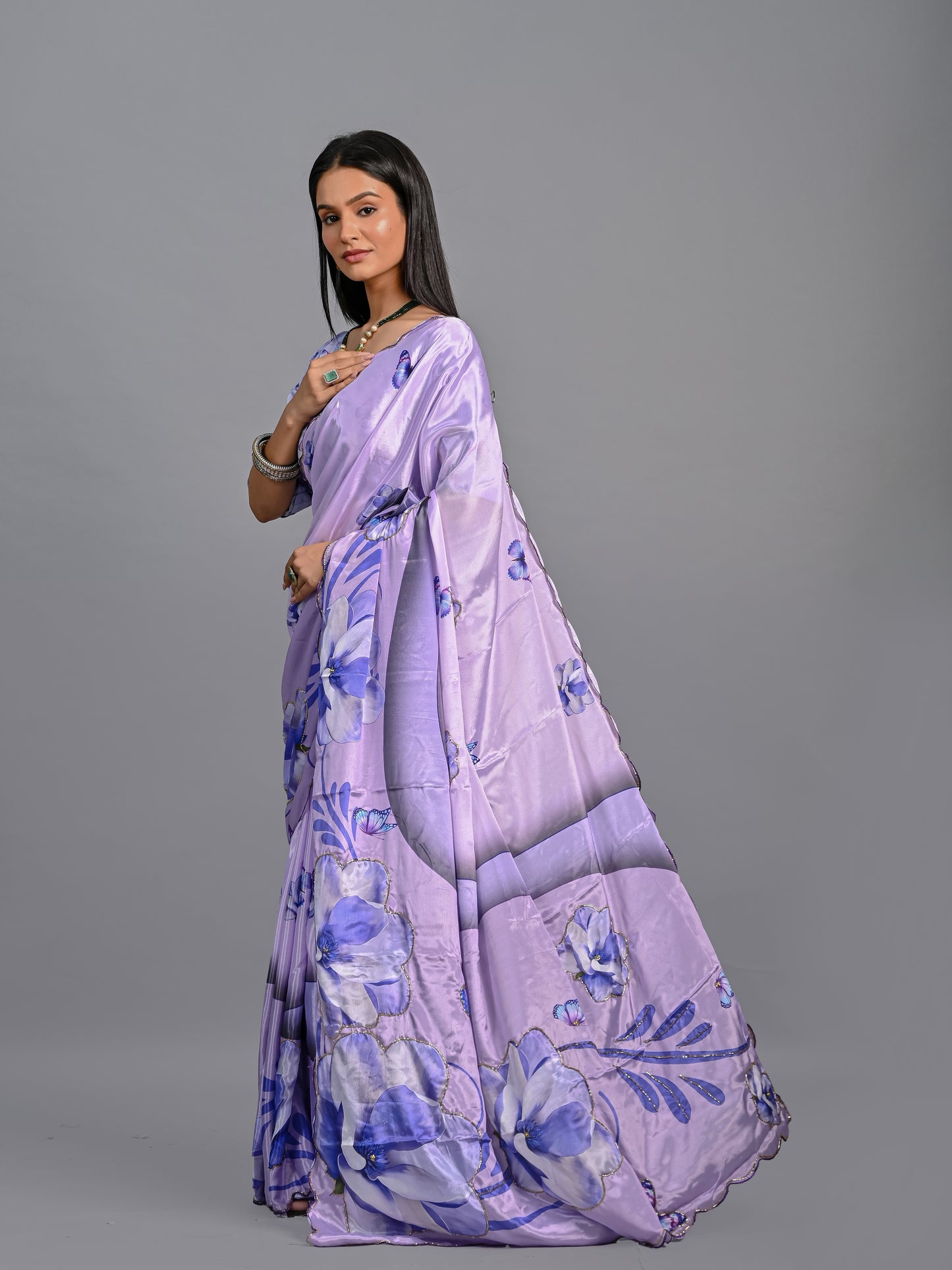 Enchanting Lavender Butterfly Poly Chinon Saree