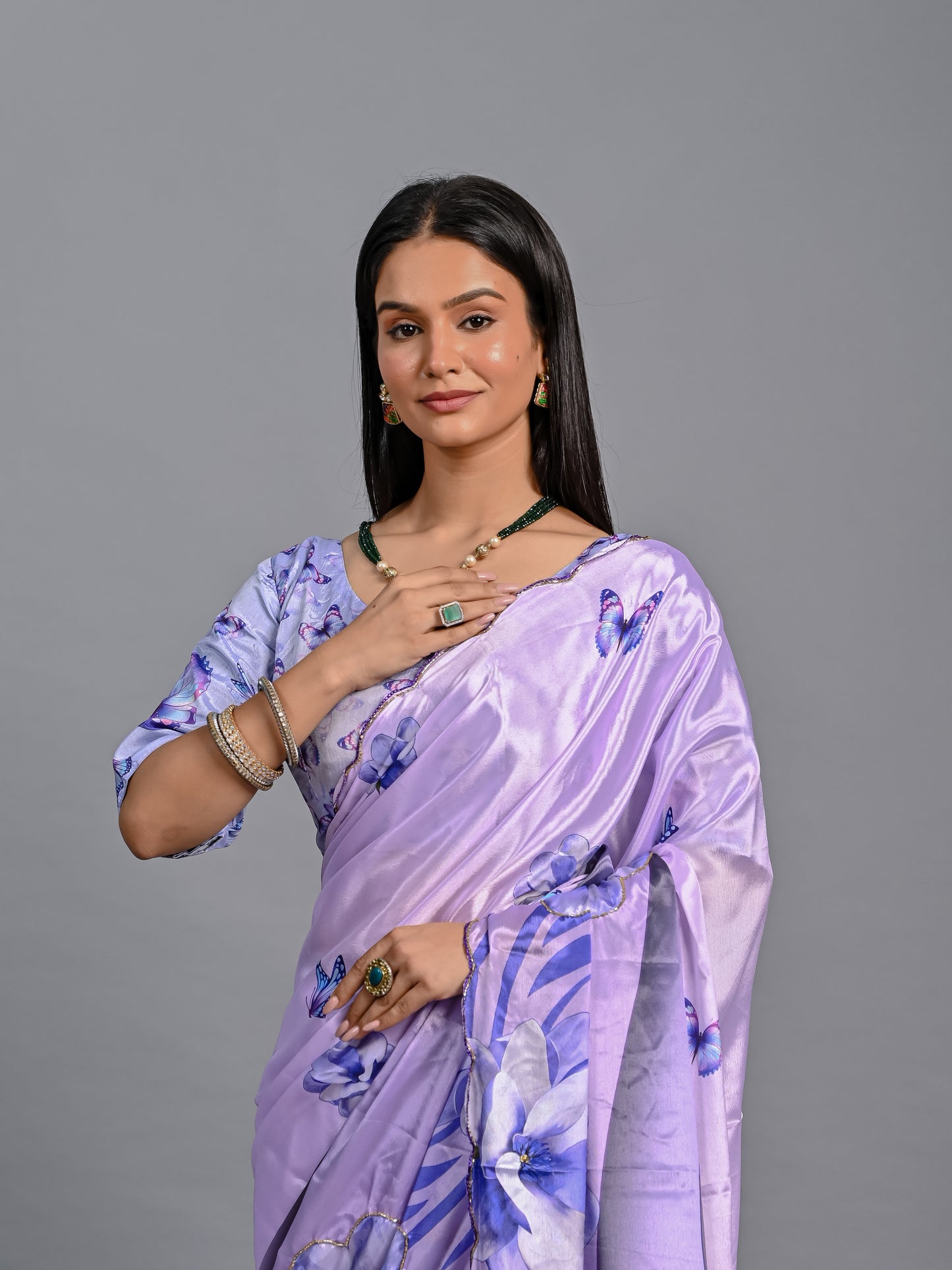 Enchanting Lavender Butterfly Poly Chinon Saree