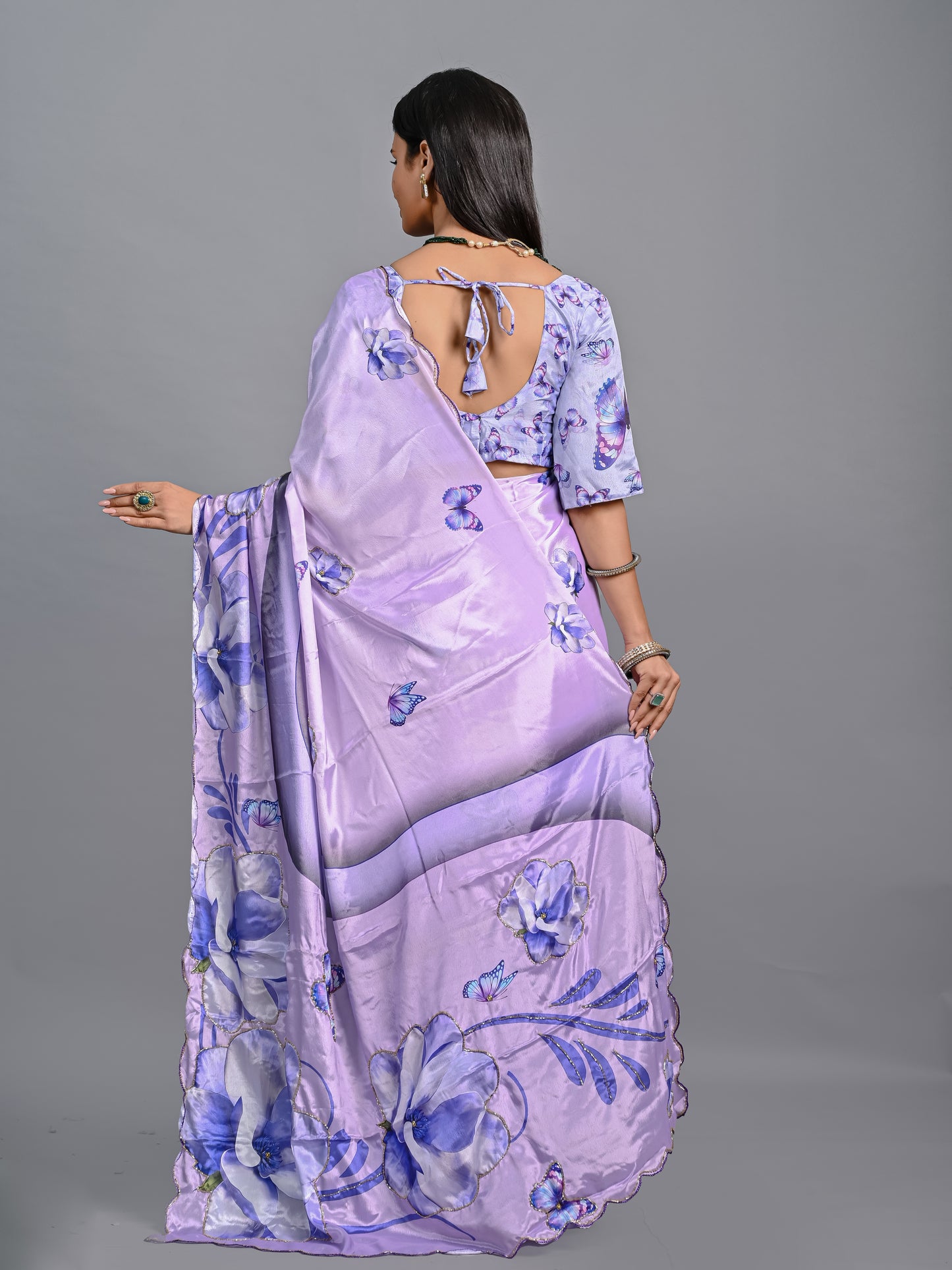 Enchanting Lavender Butterfly Poly Chinon Saree