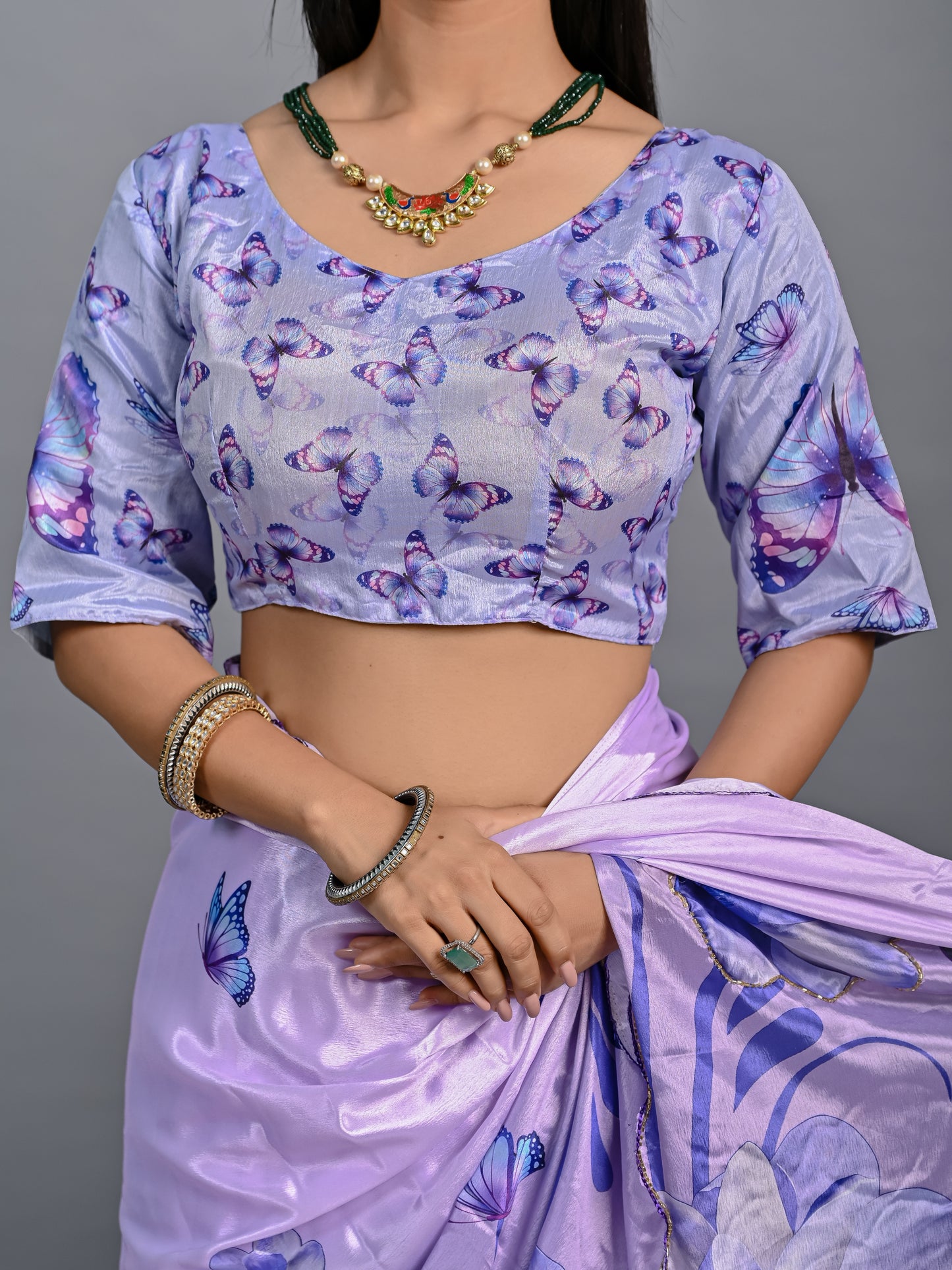 Enchanting Lavender Butterfly Poly Chinon Saree