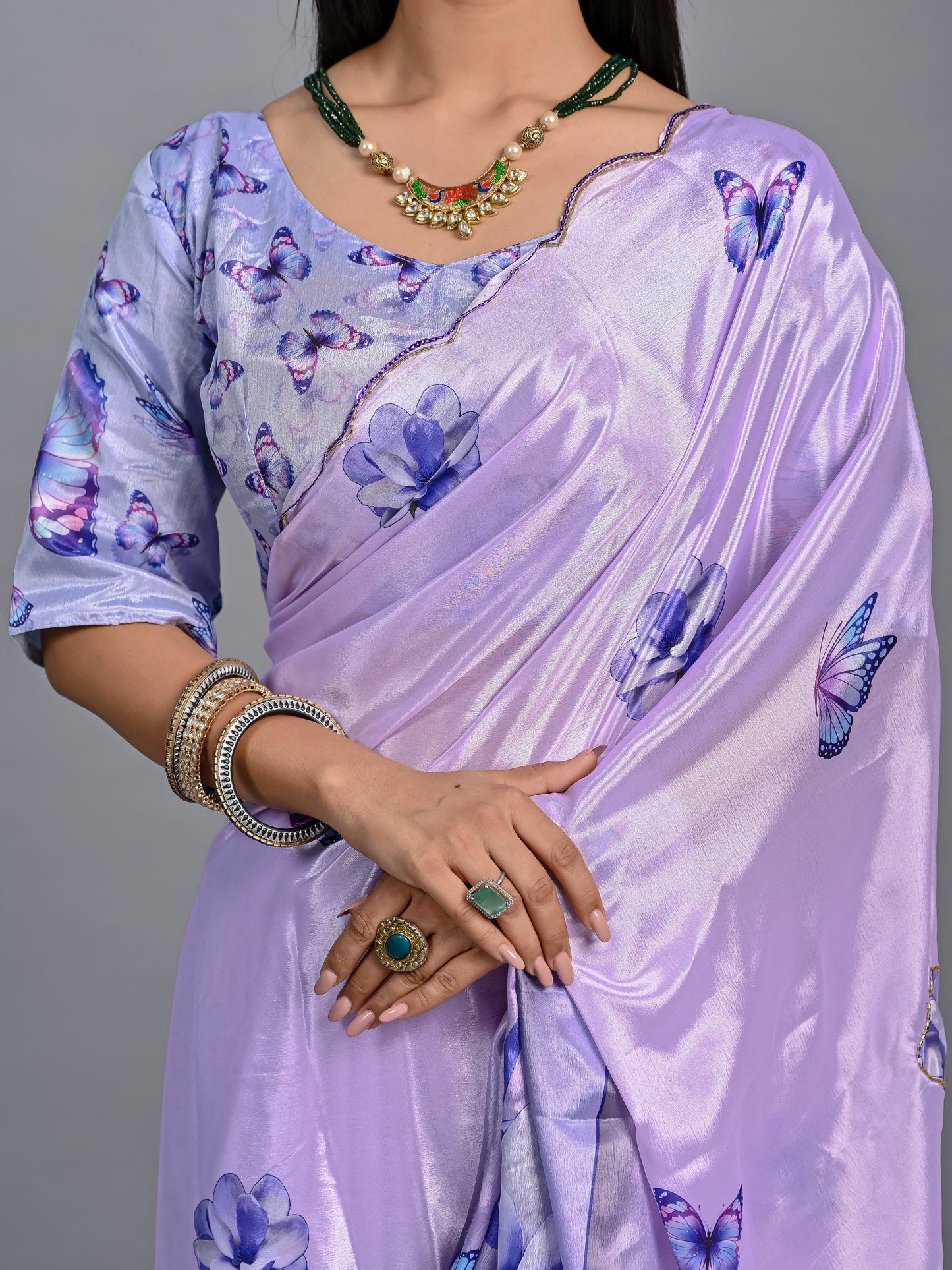 Enchanting Lavender Butterfly Poly Chinon Saree