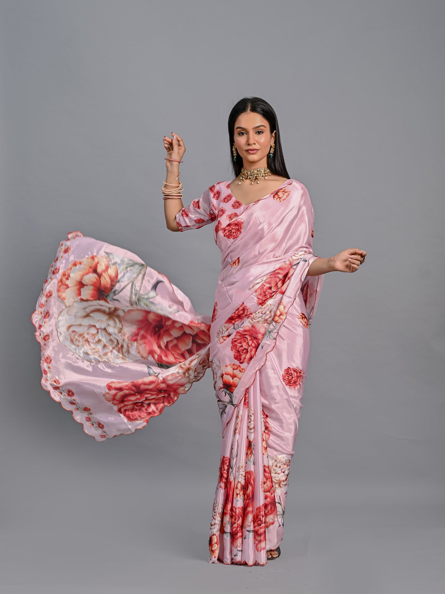 Elegant Peach Floral Poli Chinon Saree with Scalloped Beadwork