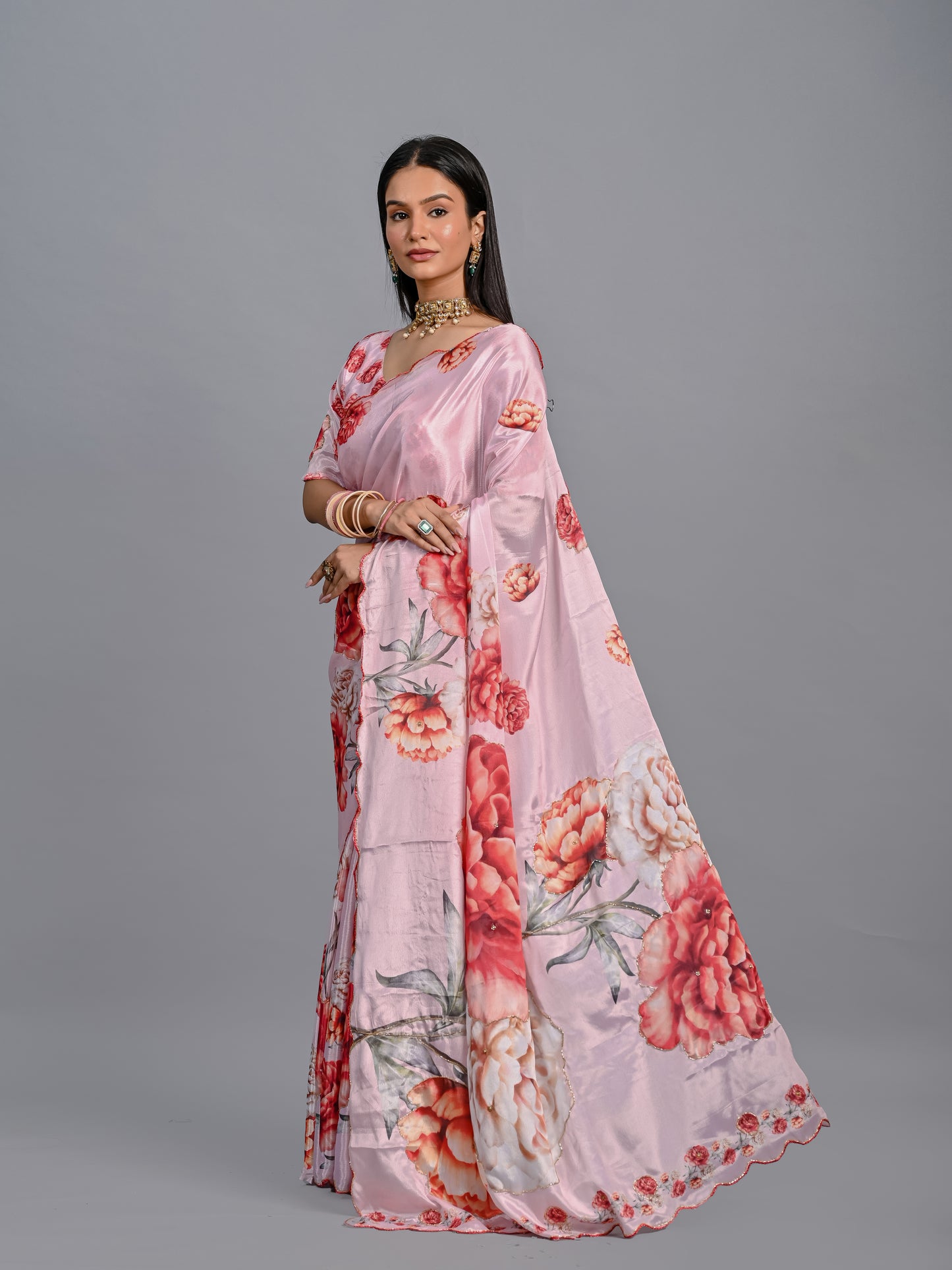 Elegant Peach Floral Poli Chinon Saree with Scalloped Beadwork