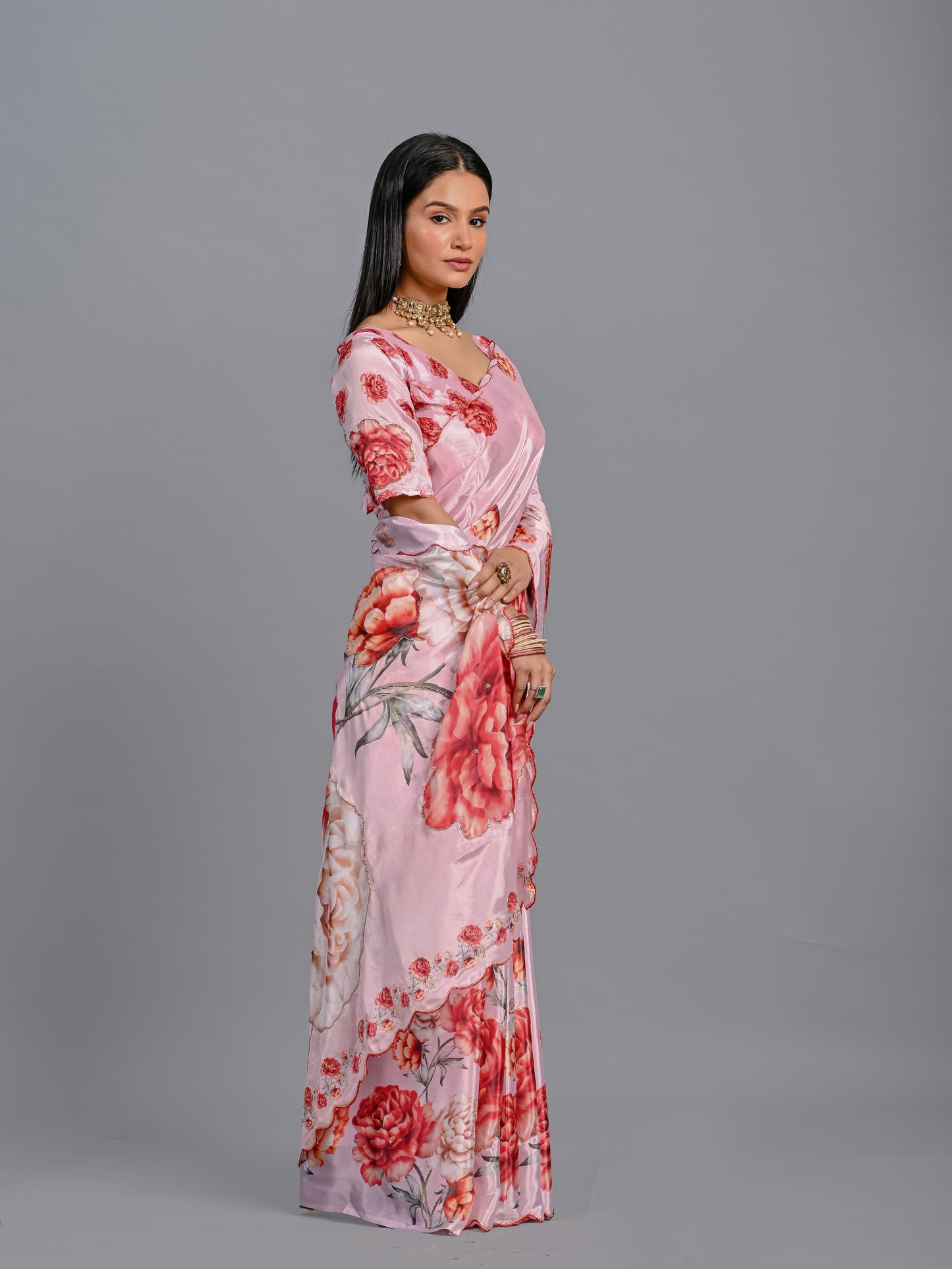 Elegant Peach Floral Poli Chinon Saree with Scalloped Beadwork