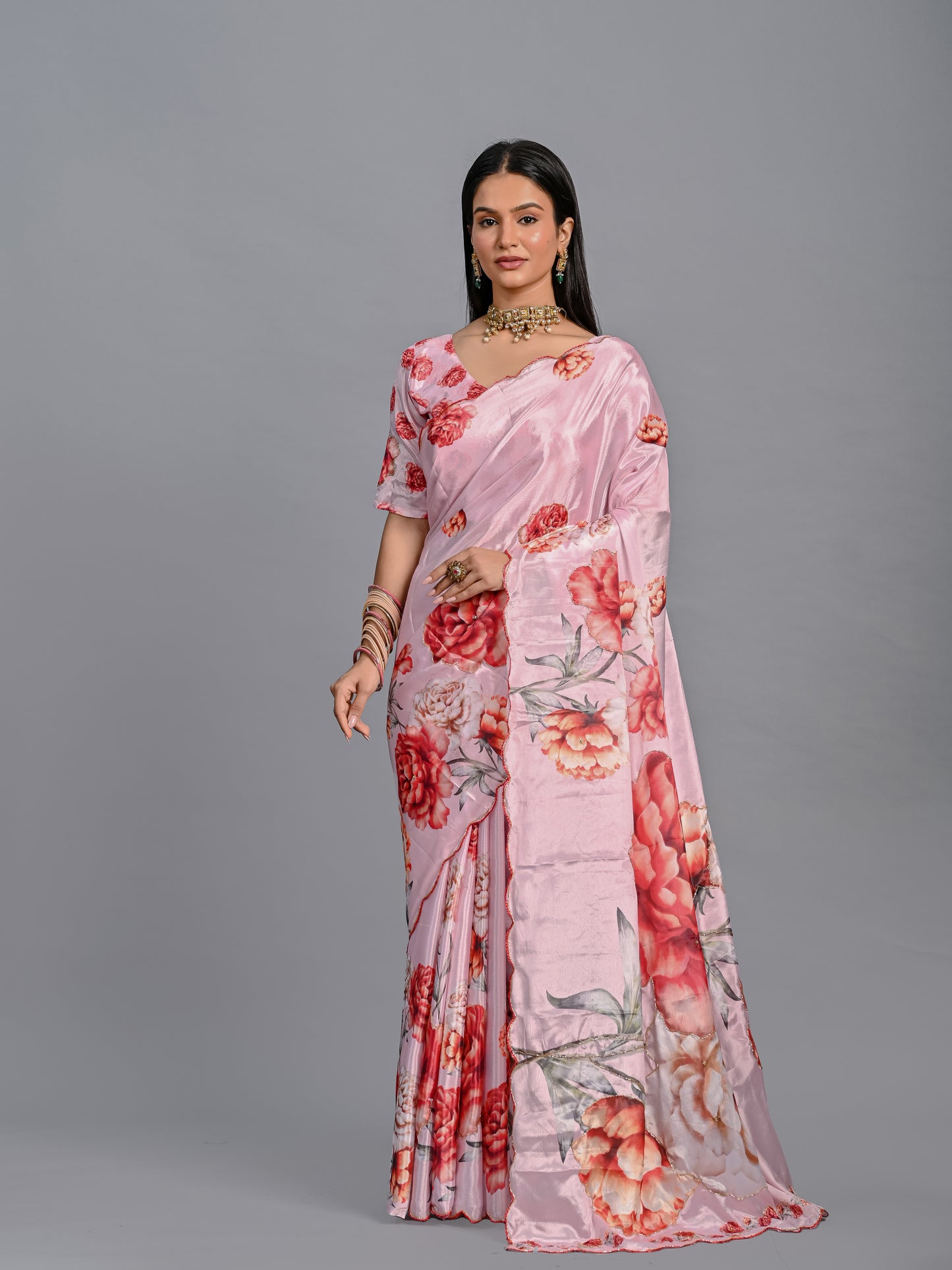 Elegant Peach Floral Poli Chinon Saree with Scalloped Beadwork