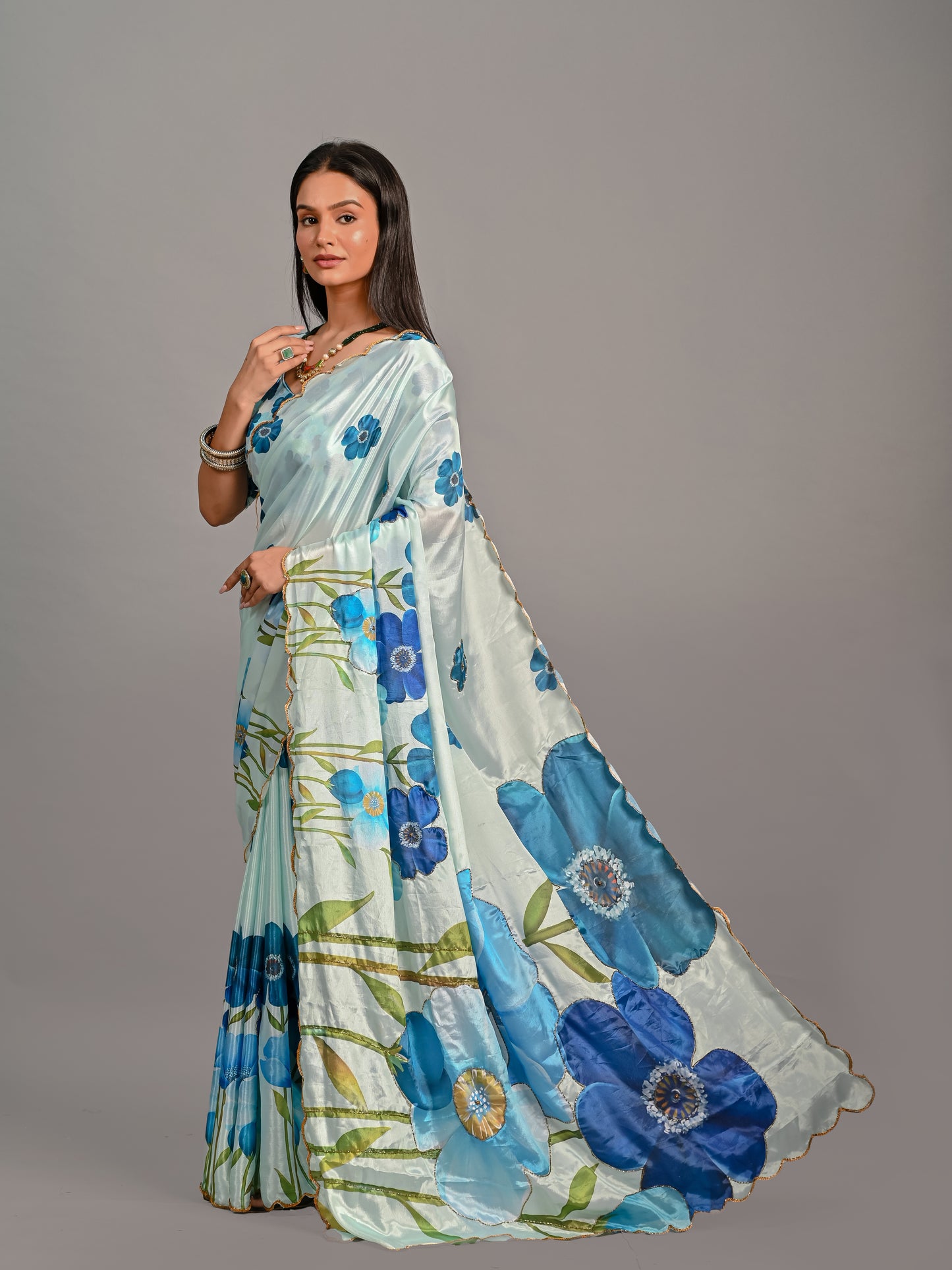 Elegant Blue Floral Printed Poli Chinon Saree
