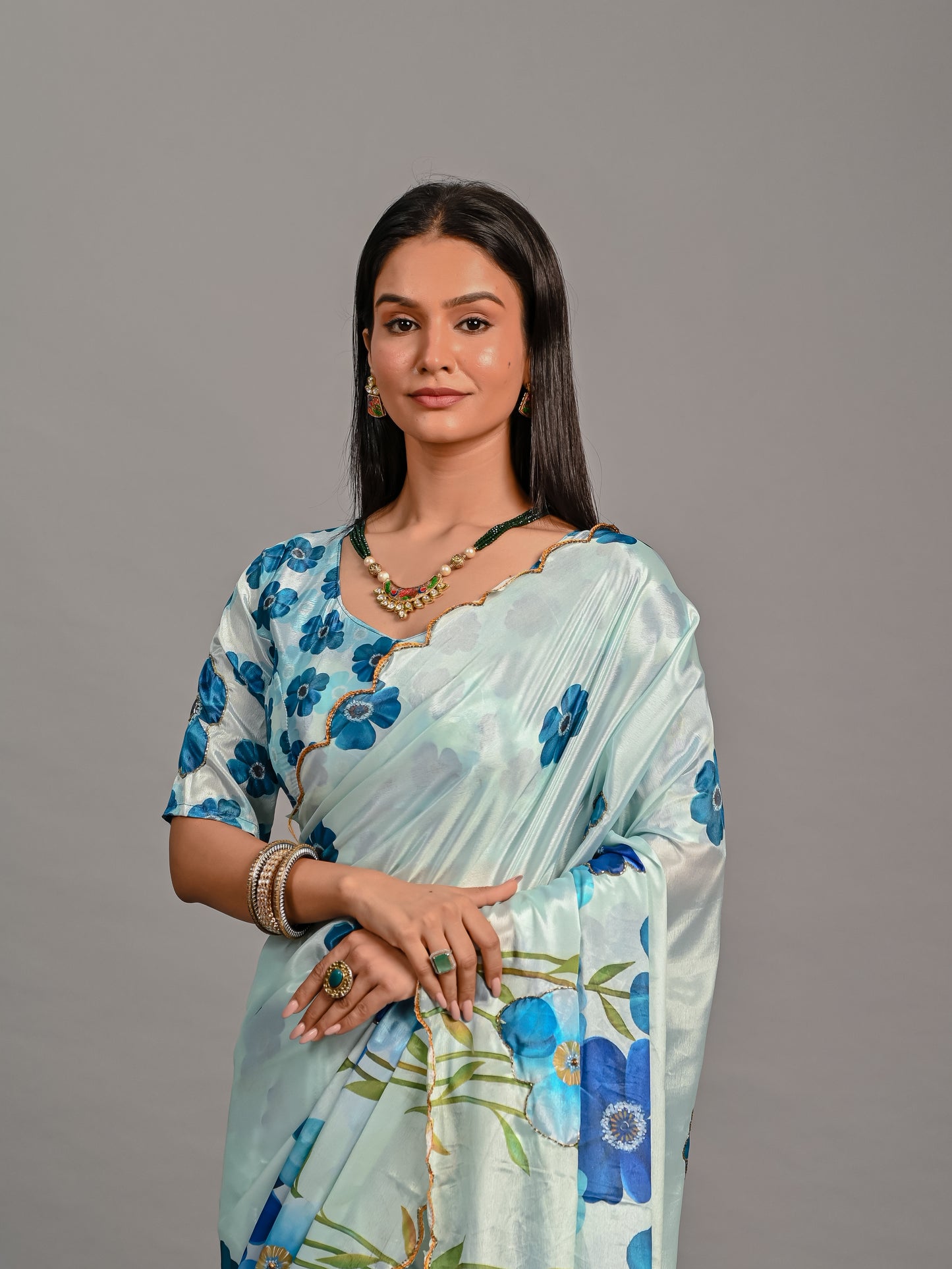 Elegant Blue Floral Printed Poli Chinon Saree