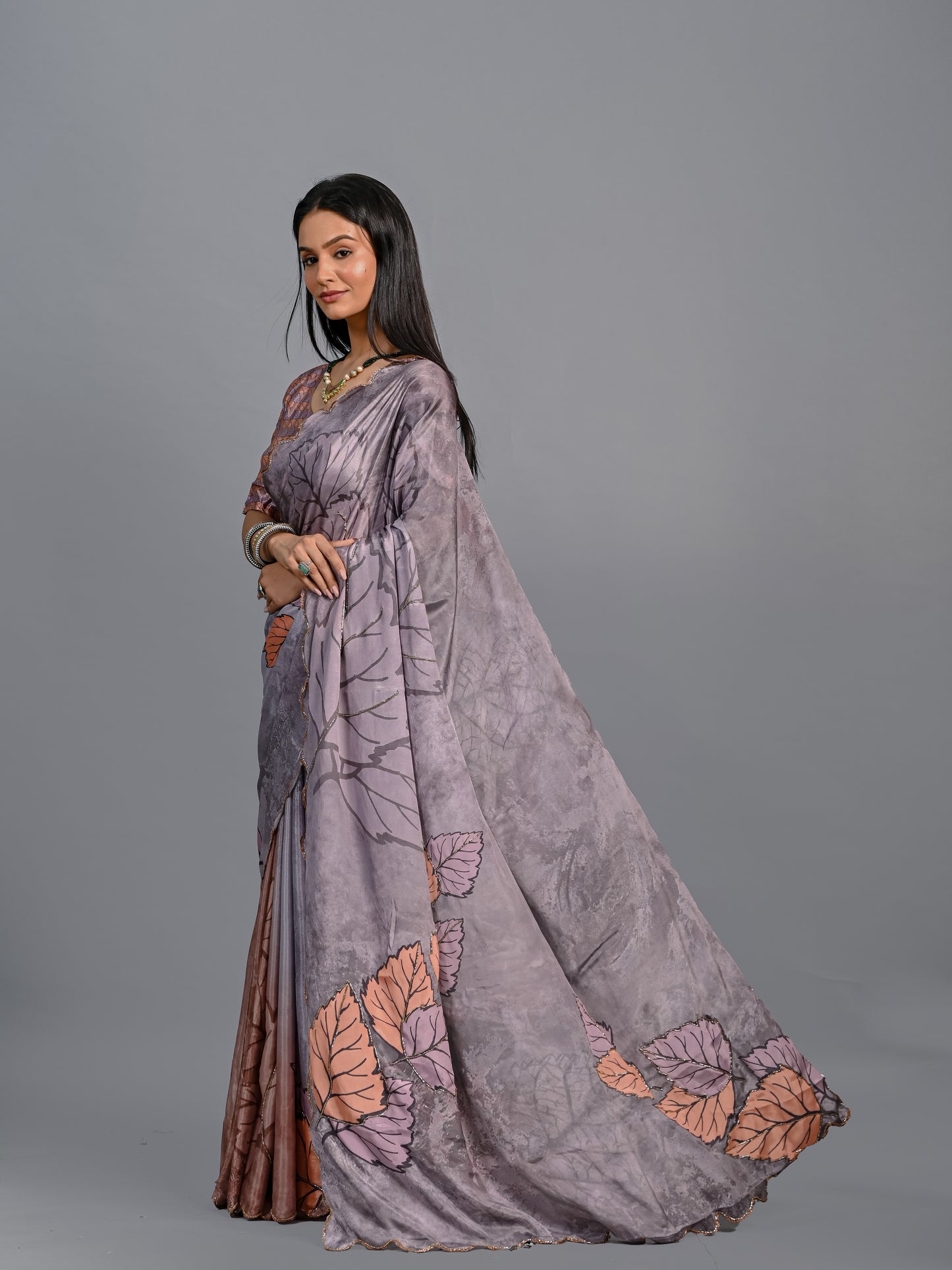 Elegant Grey Leaf Printed Designer Poli Chinon Saree with Blouse Piece