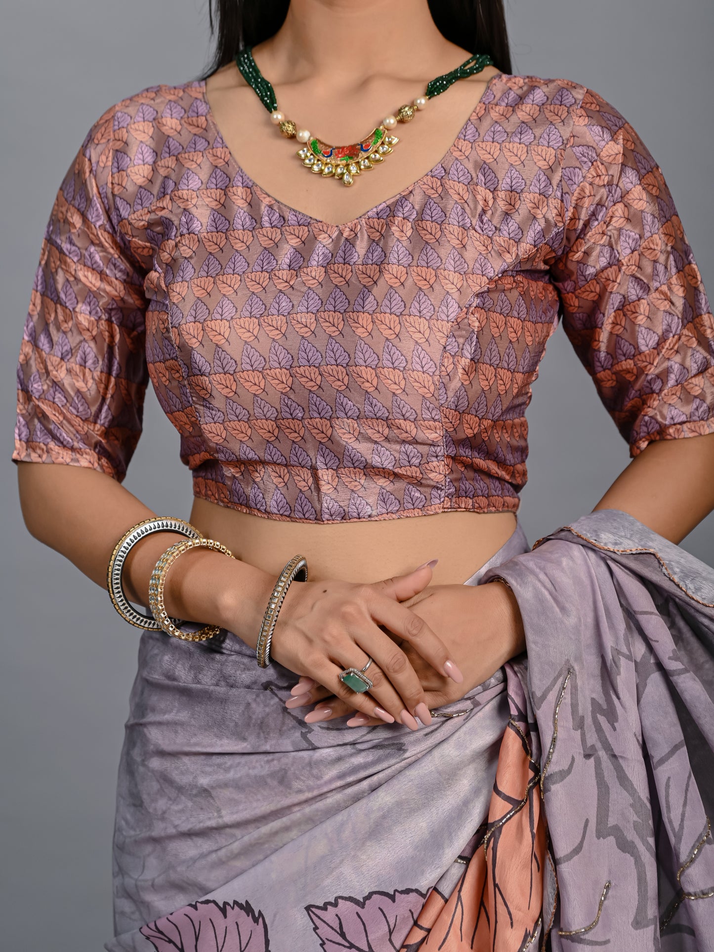 Elegant Grey Leaf Printed Designer Poli Chinon Saree with Blouse Piece