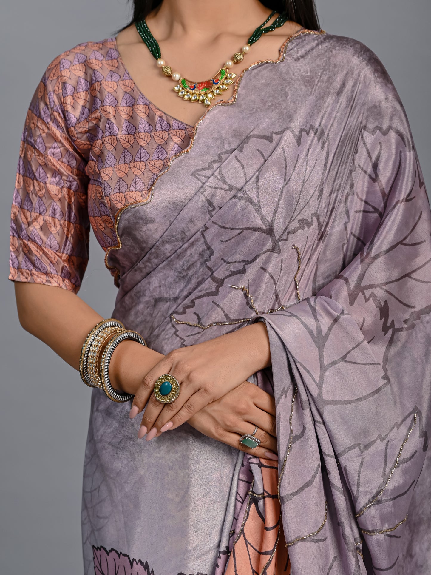 Elegant Grey Leaf Printed Designer Poli Chinon Saree with Blouse Piece