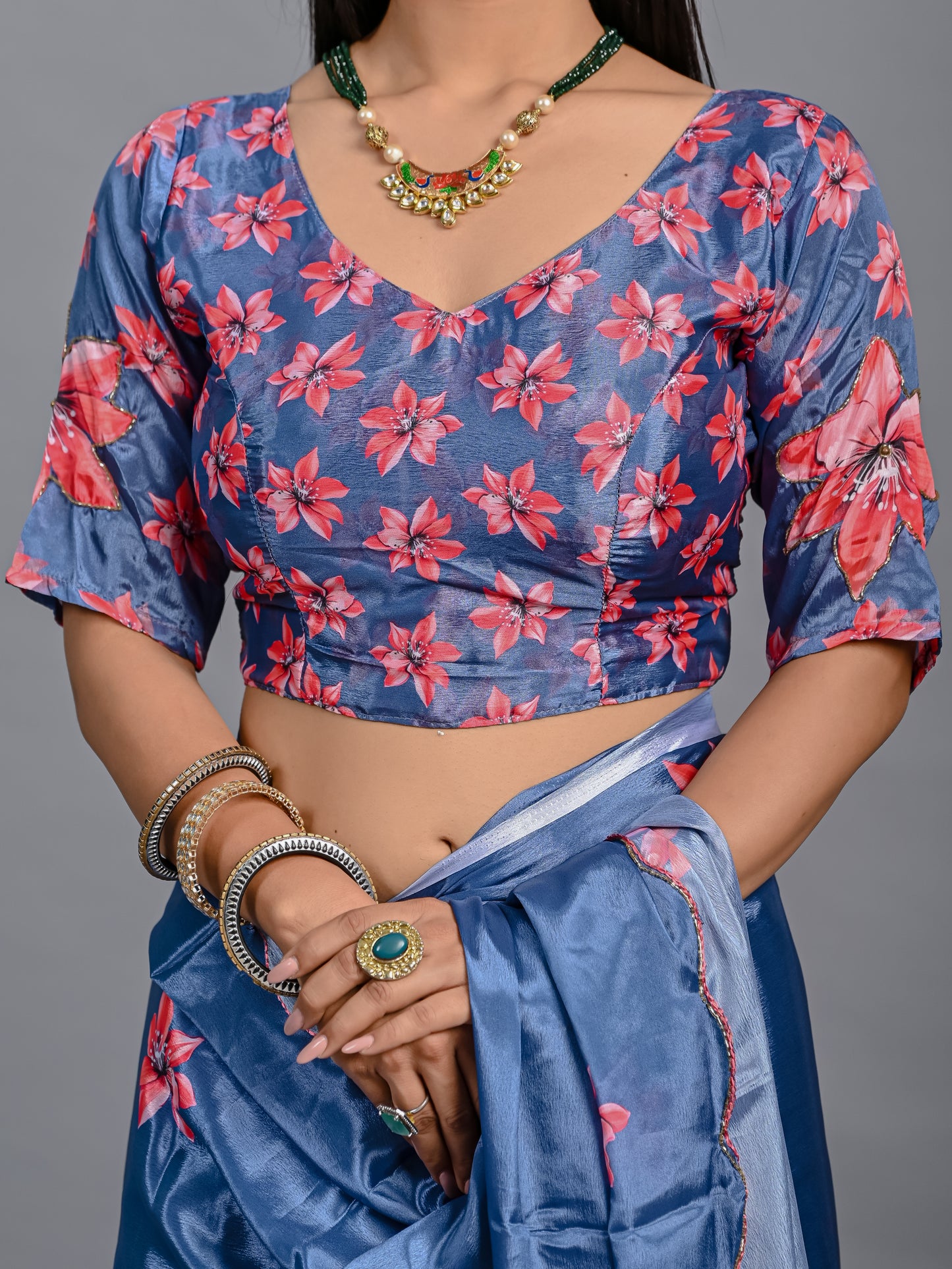 Elegant Bloom Floral Poli Chinon Saree