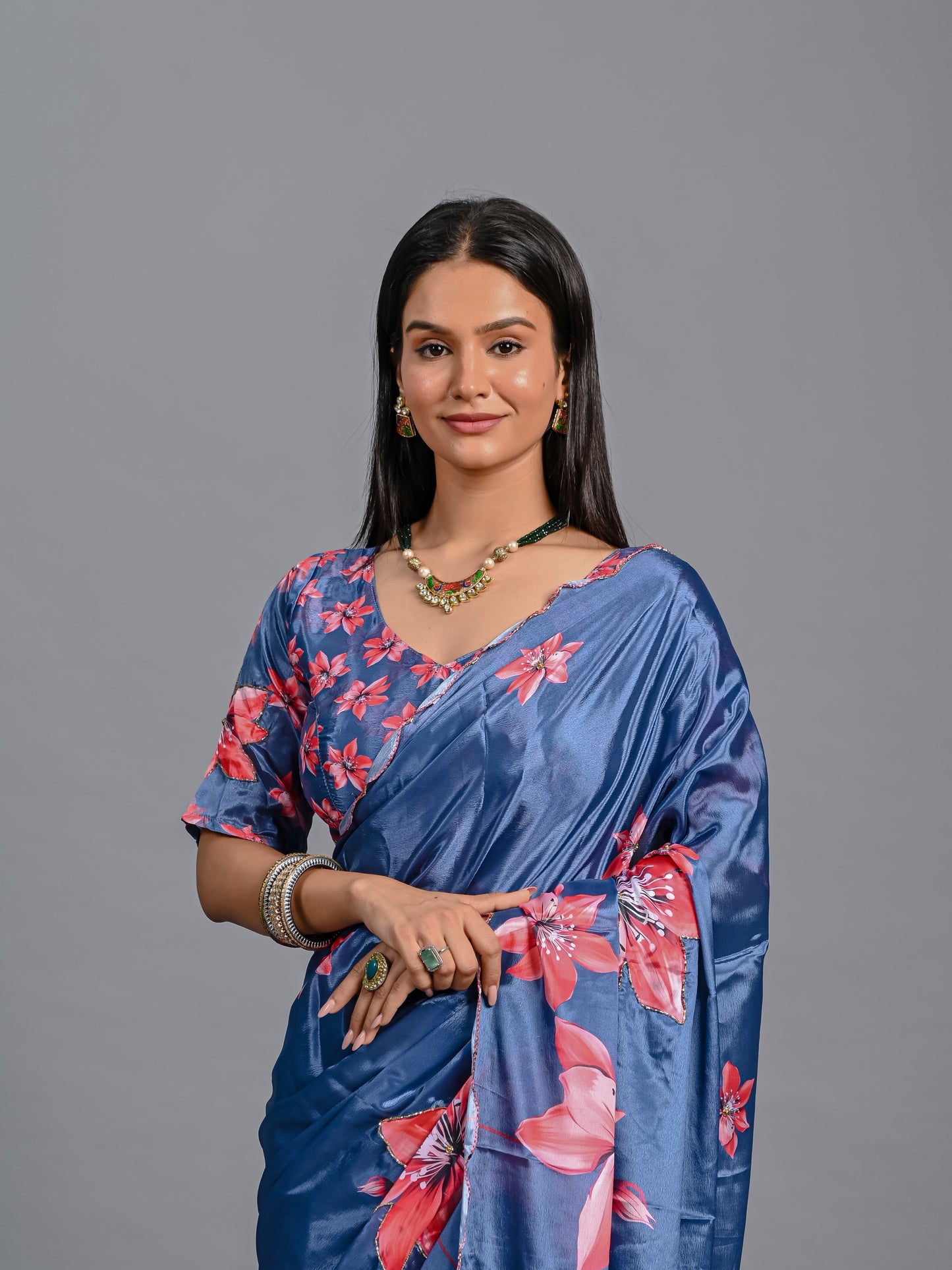Elegant Bloom Floral Poli Chinon Saree