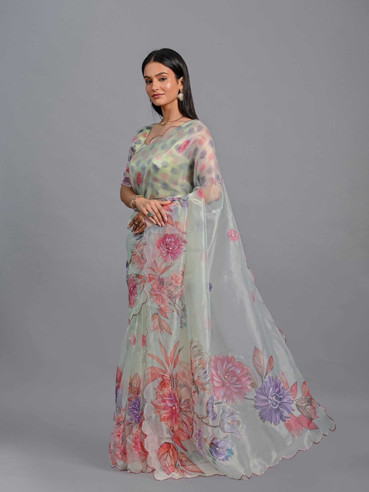 Pastel Garden Floral Poli Organza Saree Set