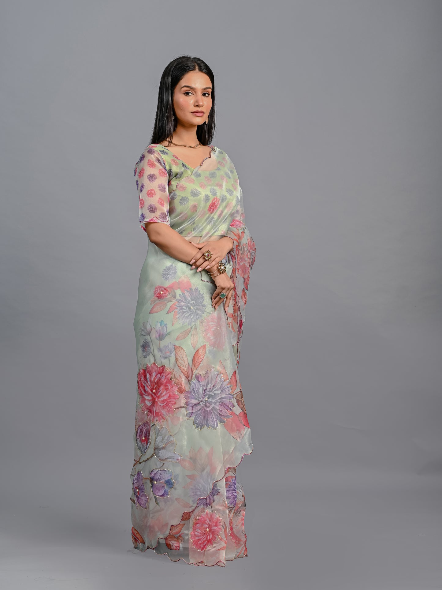 Pastel Garden Floral Poli Organza Saree Set