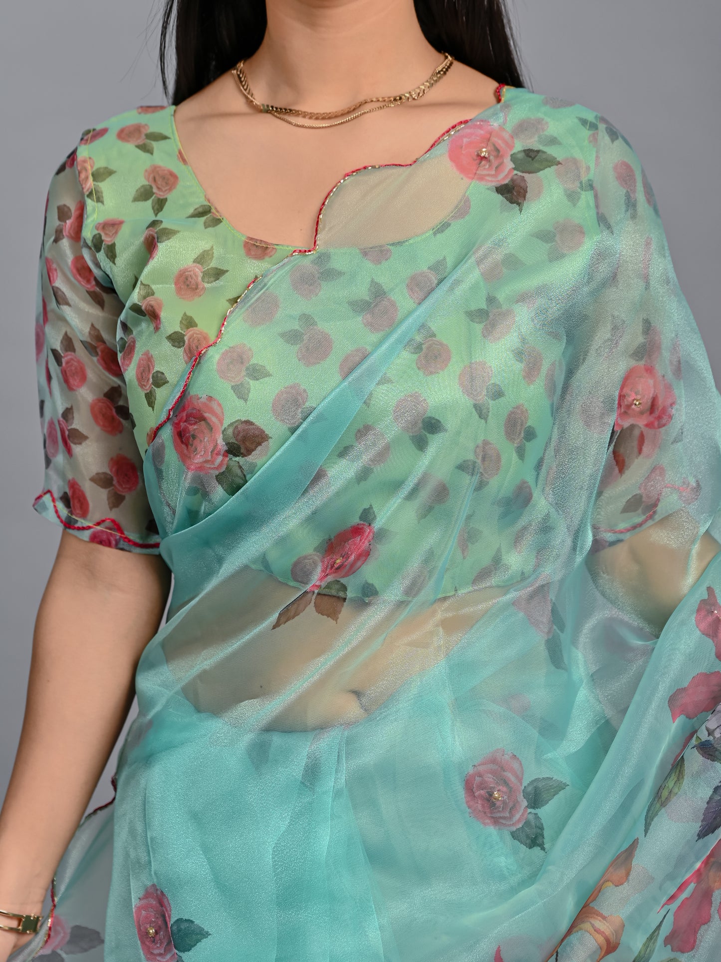Mint Blossom Printed Poli Organza Saree Set