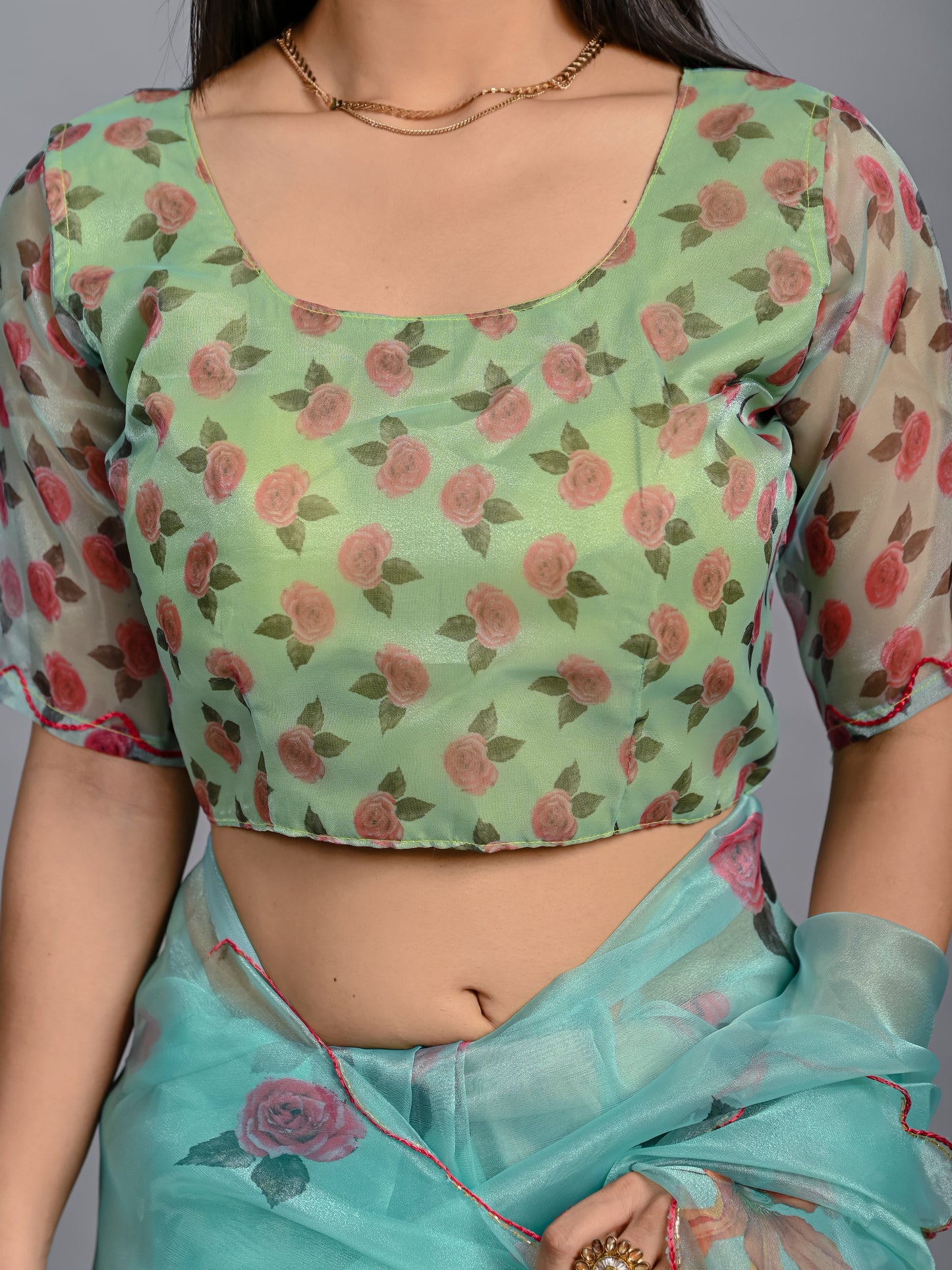 Mint Blossom Printed Poli Organza Saree Set