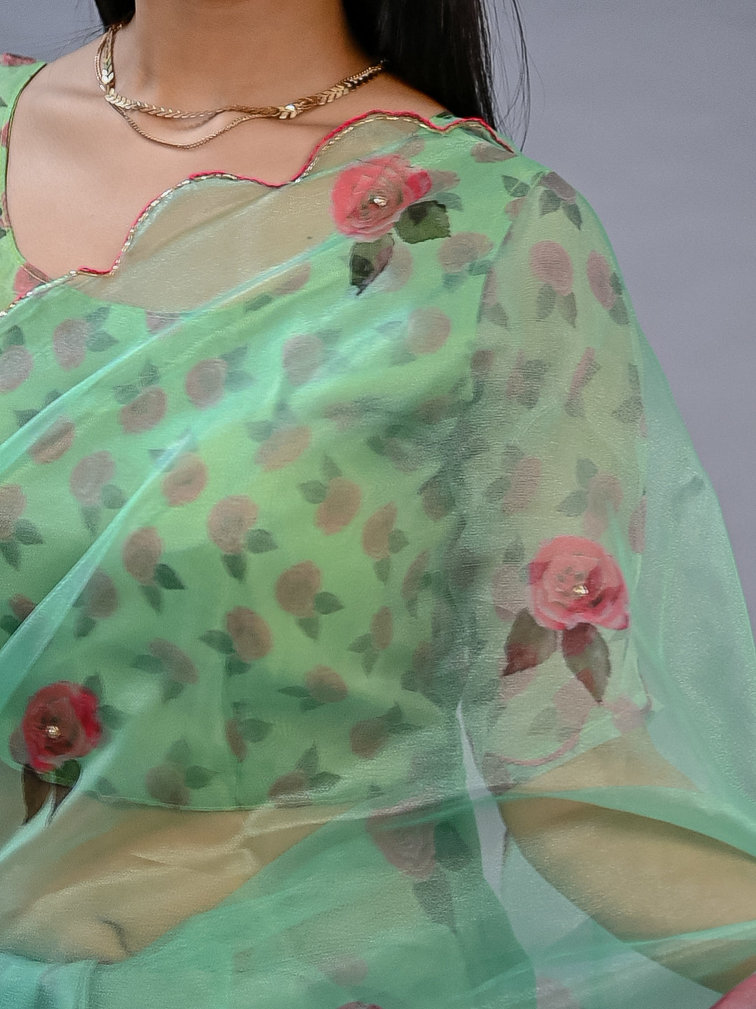 Mint Blossom Printed Poli Organza Saree Set