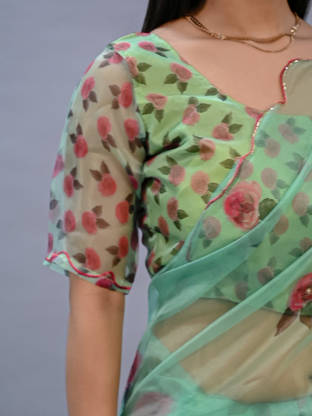 Mint Blossom Printed Poli Organza Saree Set