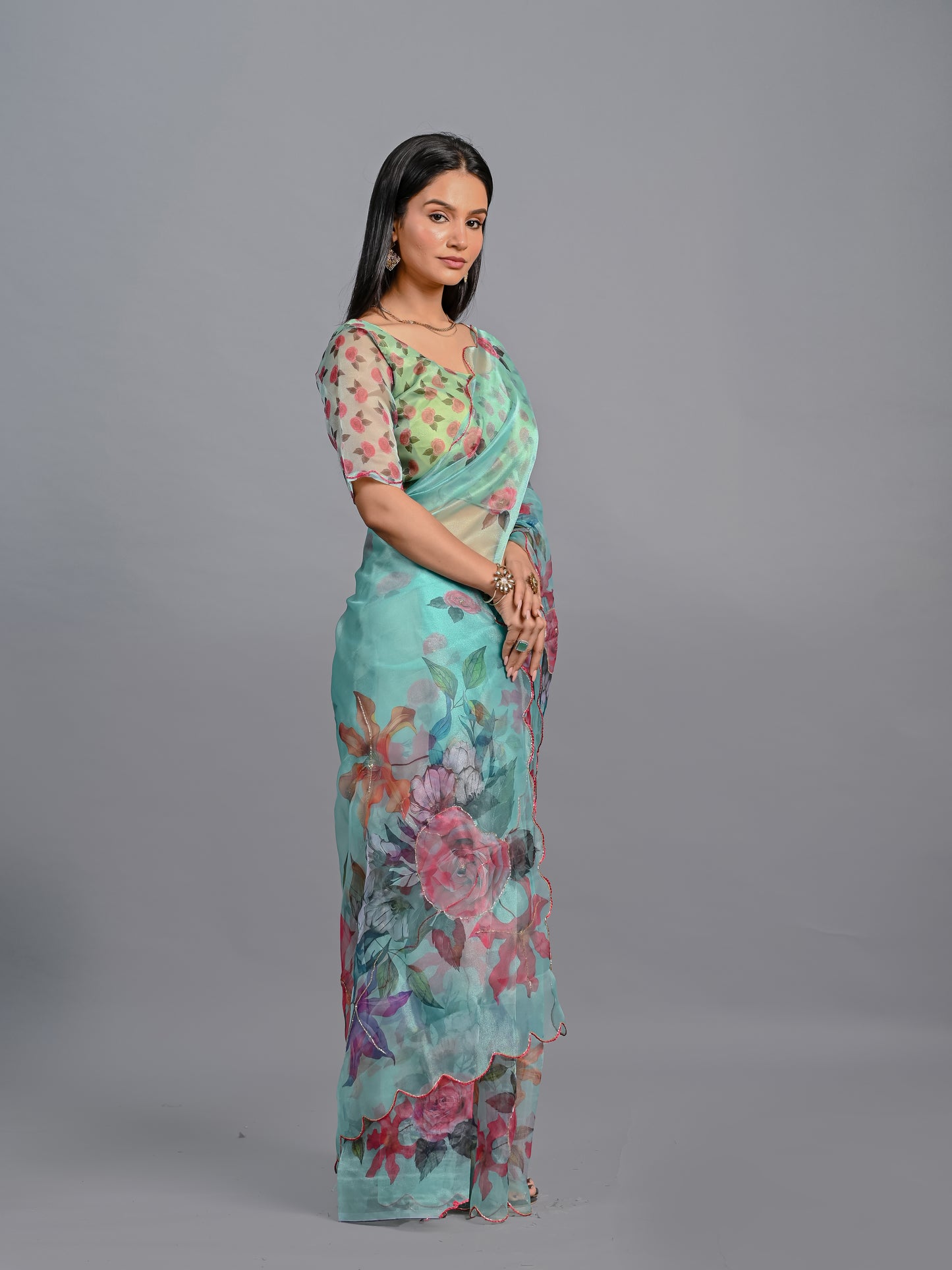 Mint Blossom Printed Poli Organza Saree Set