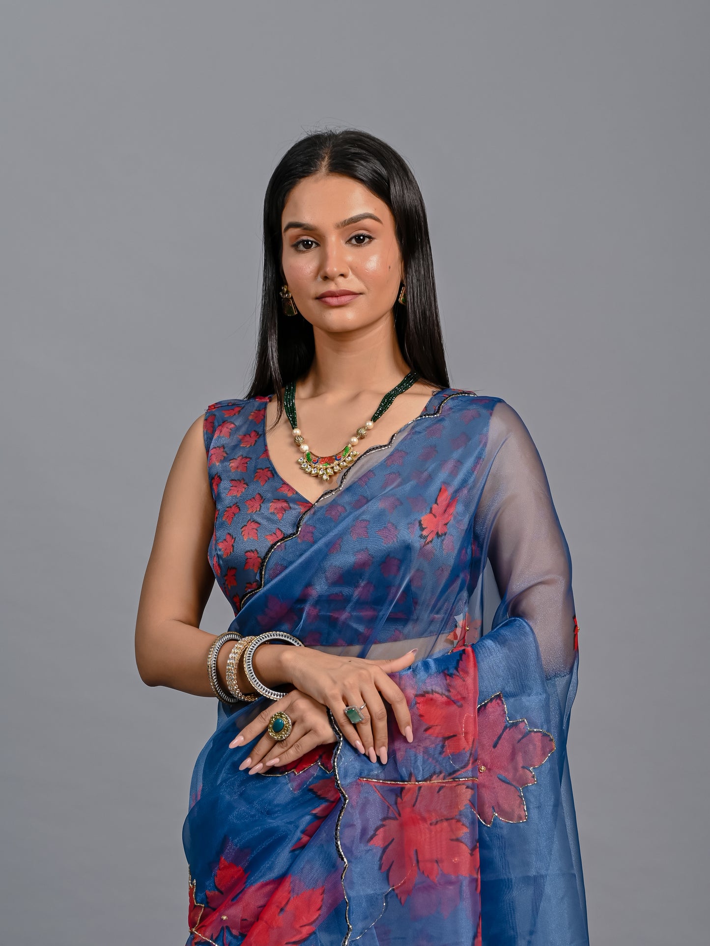 Royal Blue Maple Bloom Poly Organza Saree