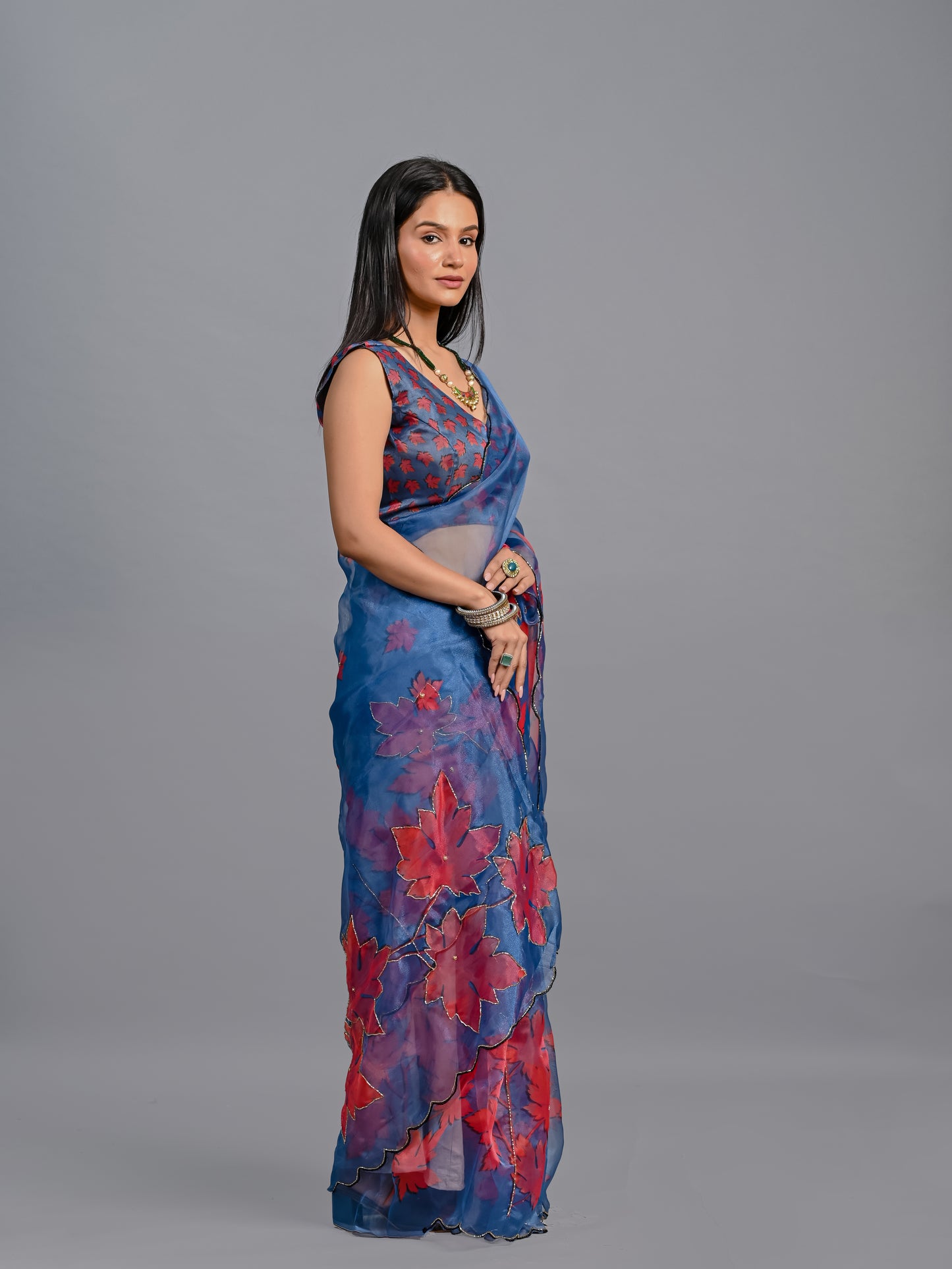 Royal Blue Maple Bloom Poly Organza Saree
