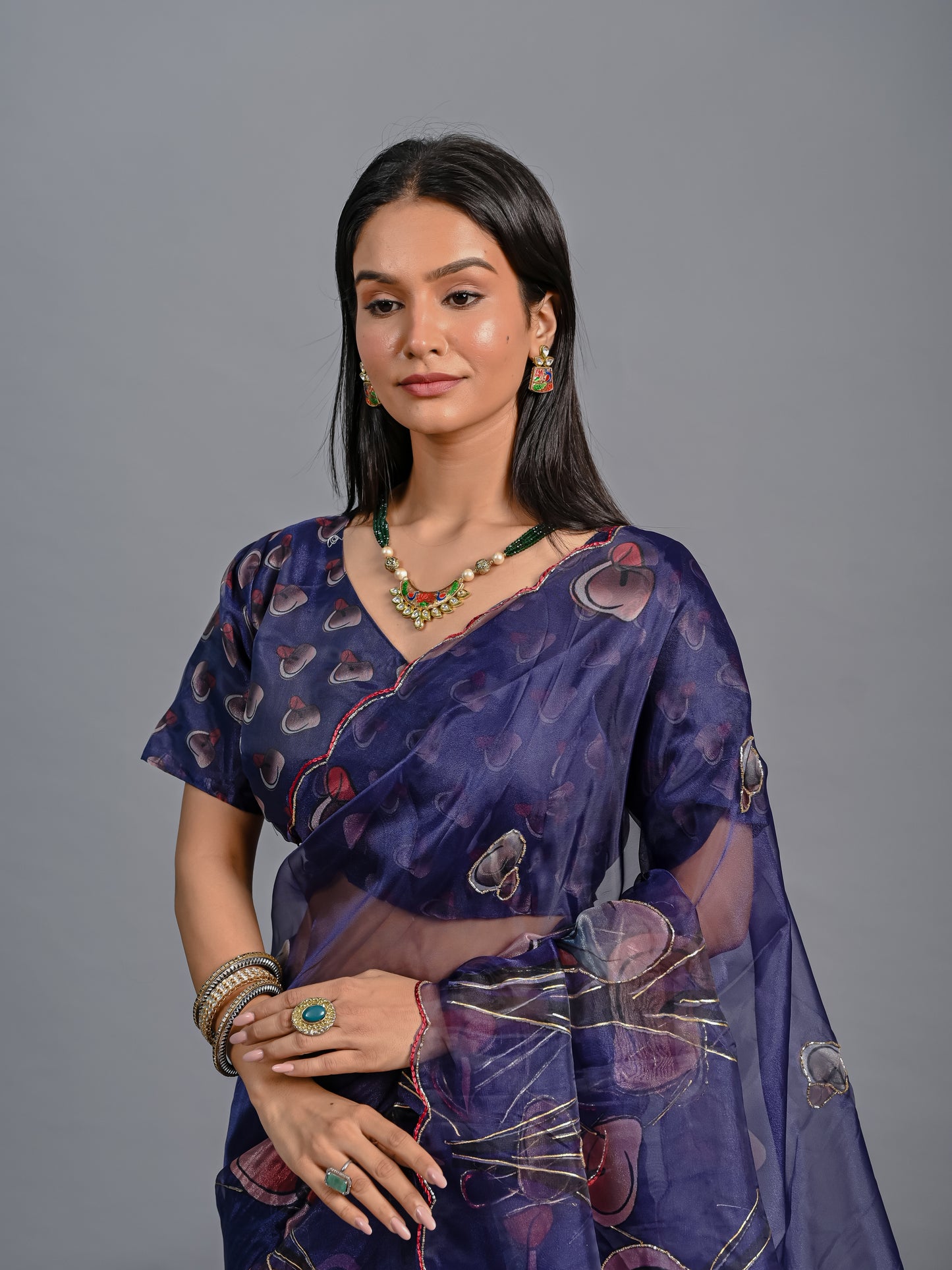 Midnight Bloom Hand-Painted Poly Organza Saree