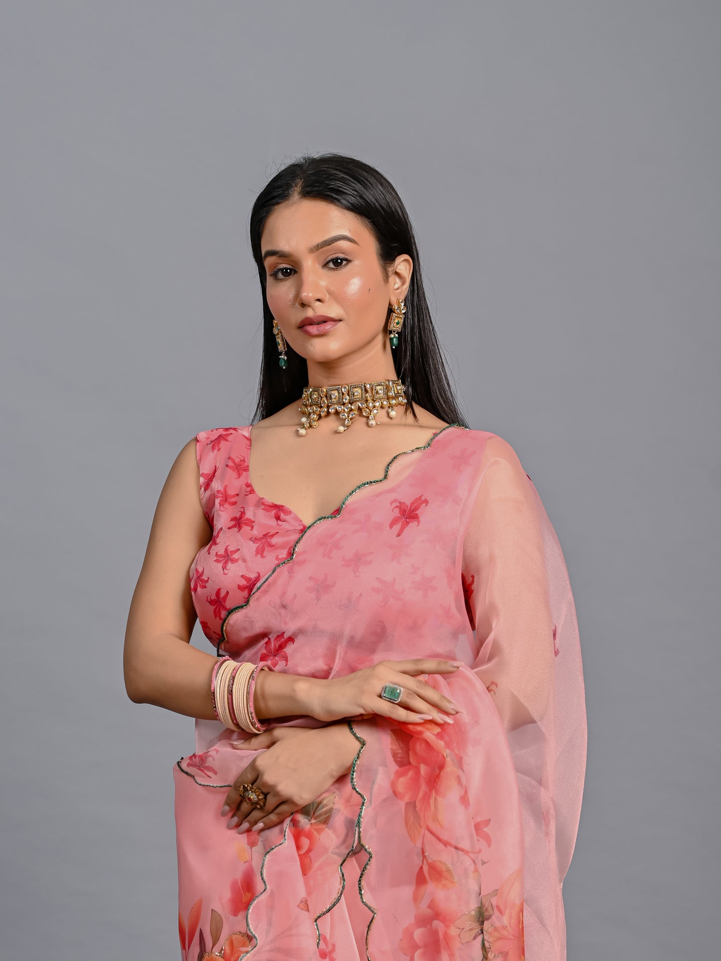 Coral Bloom Poly Organza Saree with Embroidered Scallop Edge