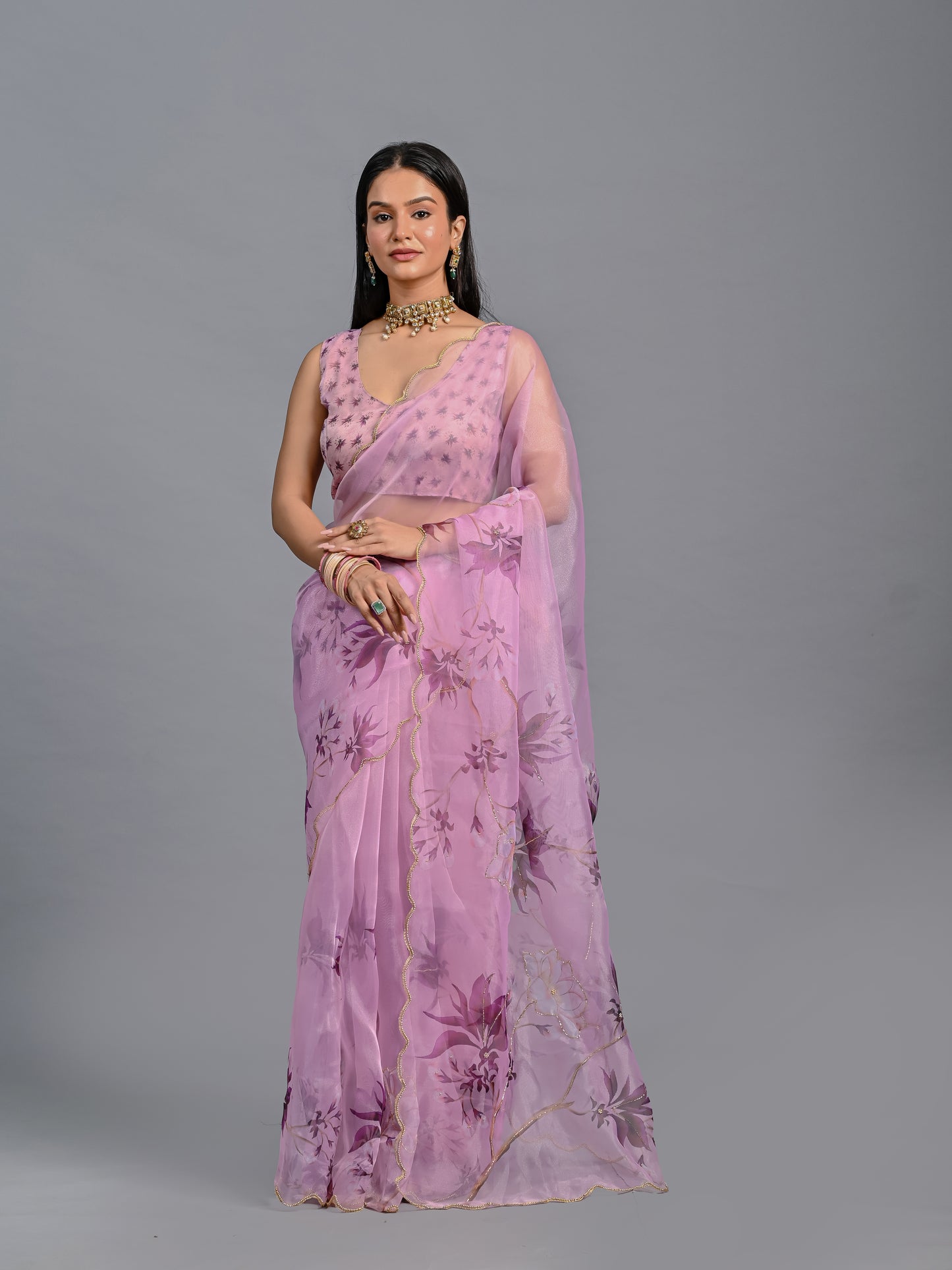 Floral Poly Organza Saree with Bead Work