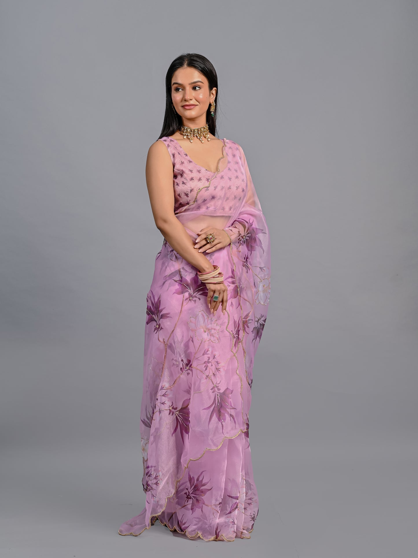 Floral Poly Organza Saree with Bead Work