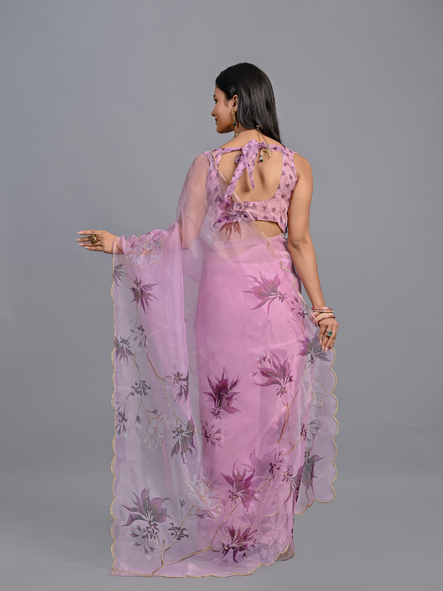 Floral Poly Organza Saree with Bead Work