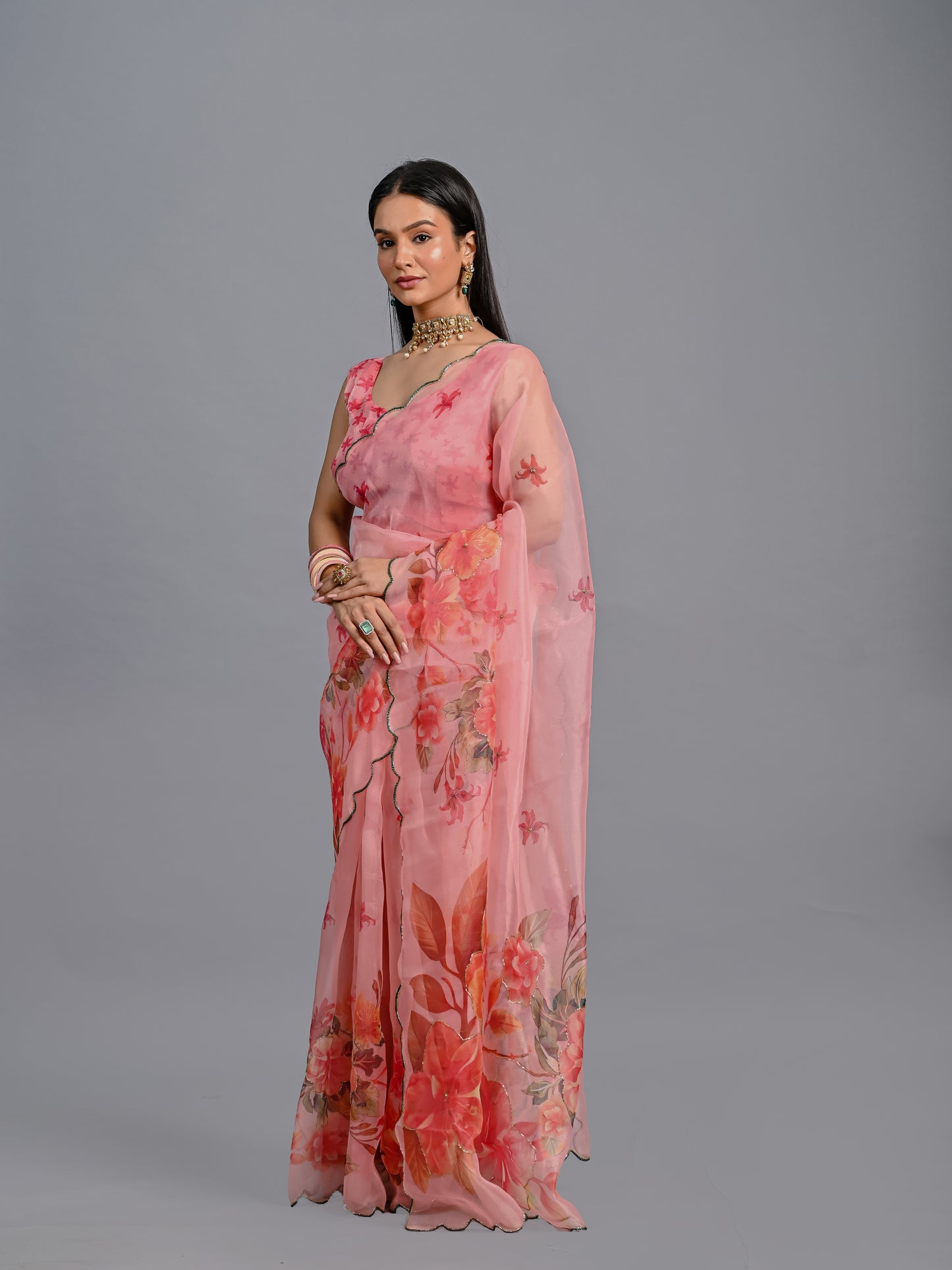 Coral Bloom Poly Organza Saree with Embroidered Scallop Edge