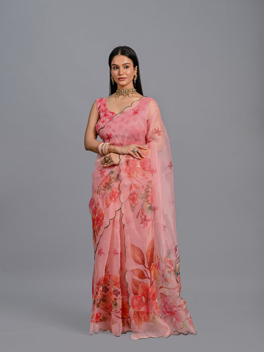 Coral Bloom Poly Organza Saree with Embroidered Scallop Edge