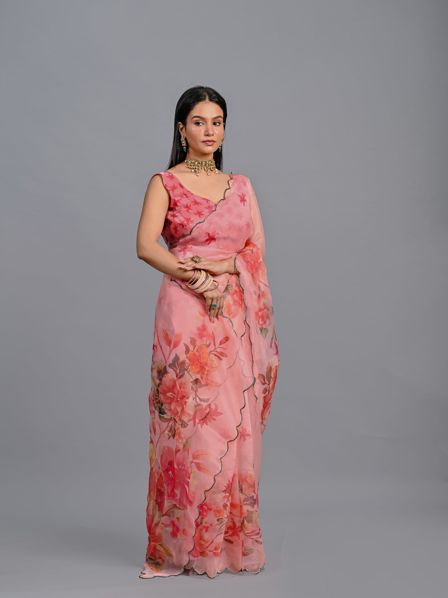 Coral Bloom Poly Organza Saree with Embroidered Scallop Edge