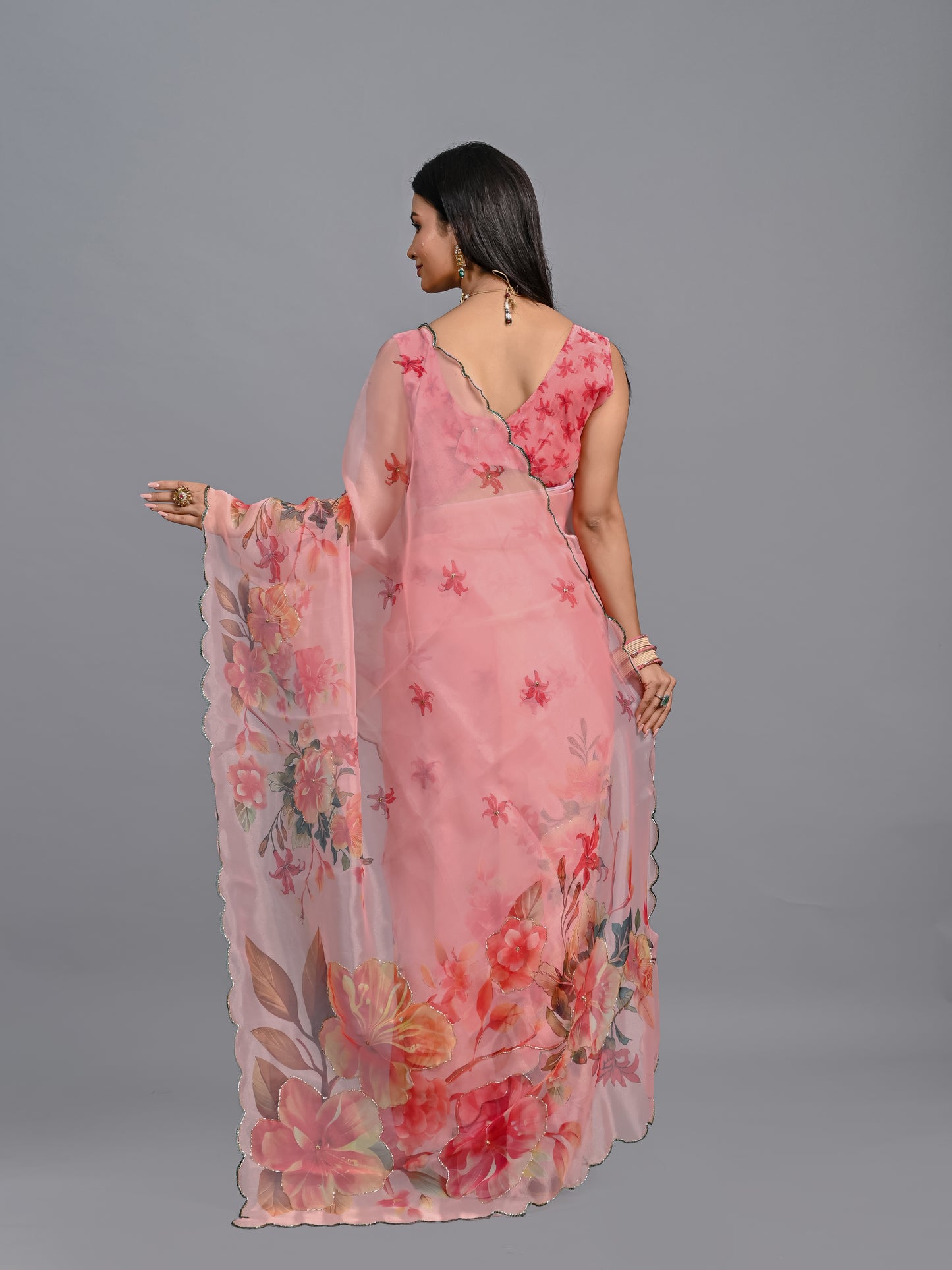 Coral Bloom Poly Organza Saree with Embroidered Scallop Edge