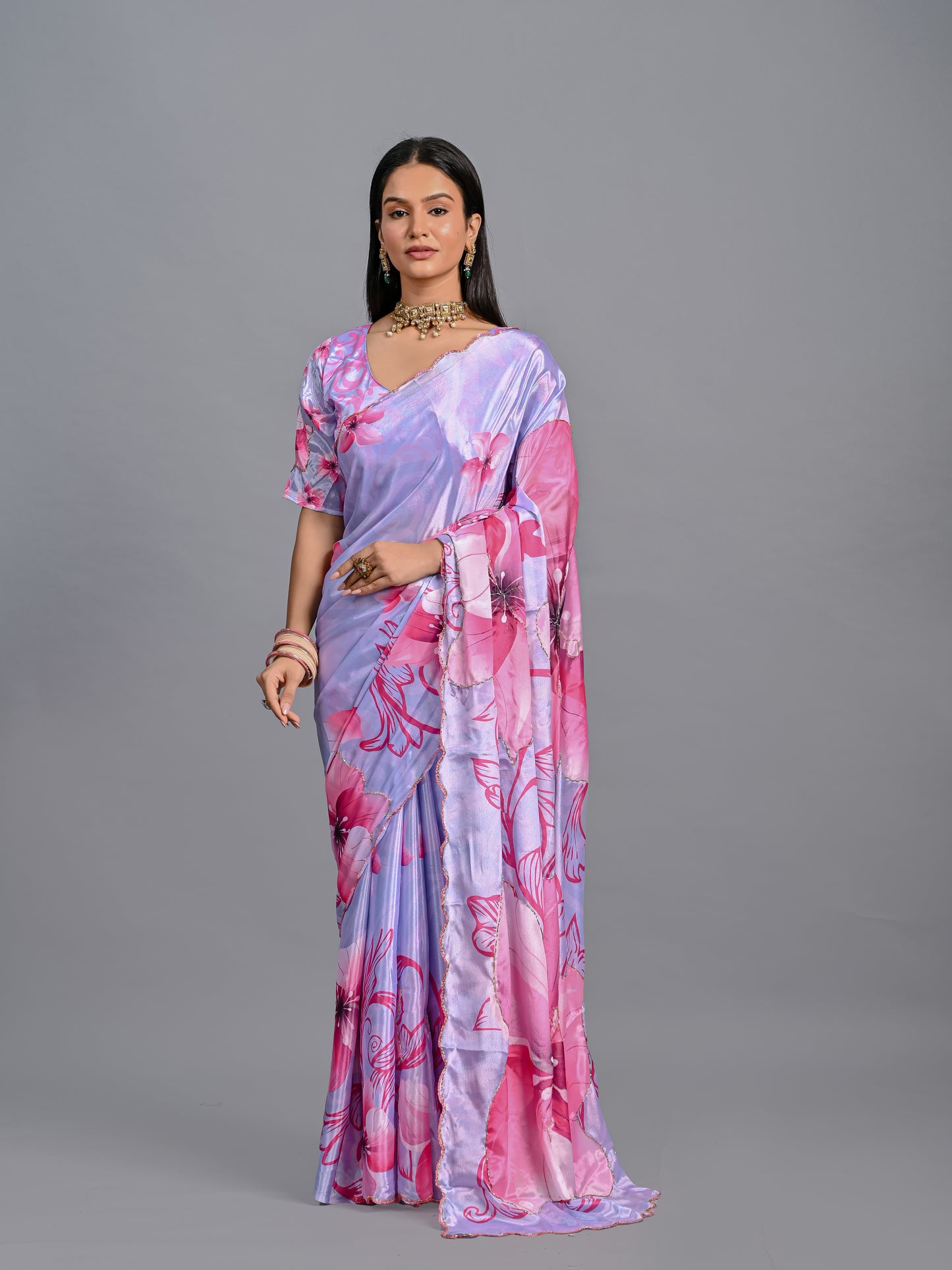Elegant Pink Floral Designer Poli Chinon Saree with Blouse Piece