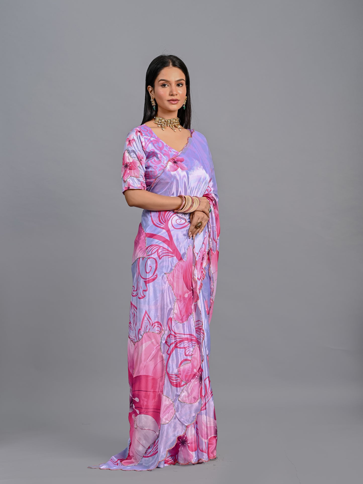 Elegant Pink Floral Designer Poli Chinon Saree with Blouse Piece