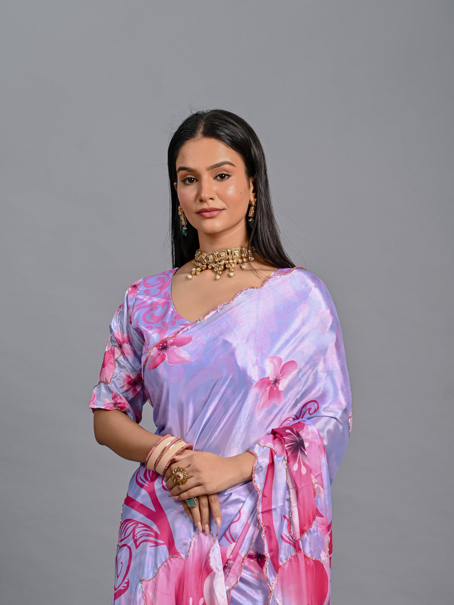 Elegant Pink Floral Designer Poli Chinon Saree with Blouse Piece
