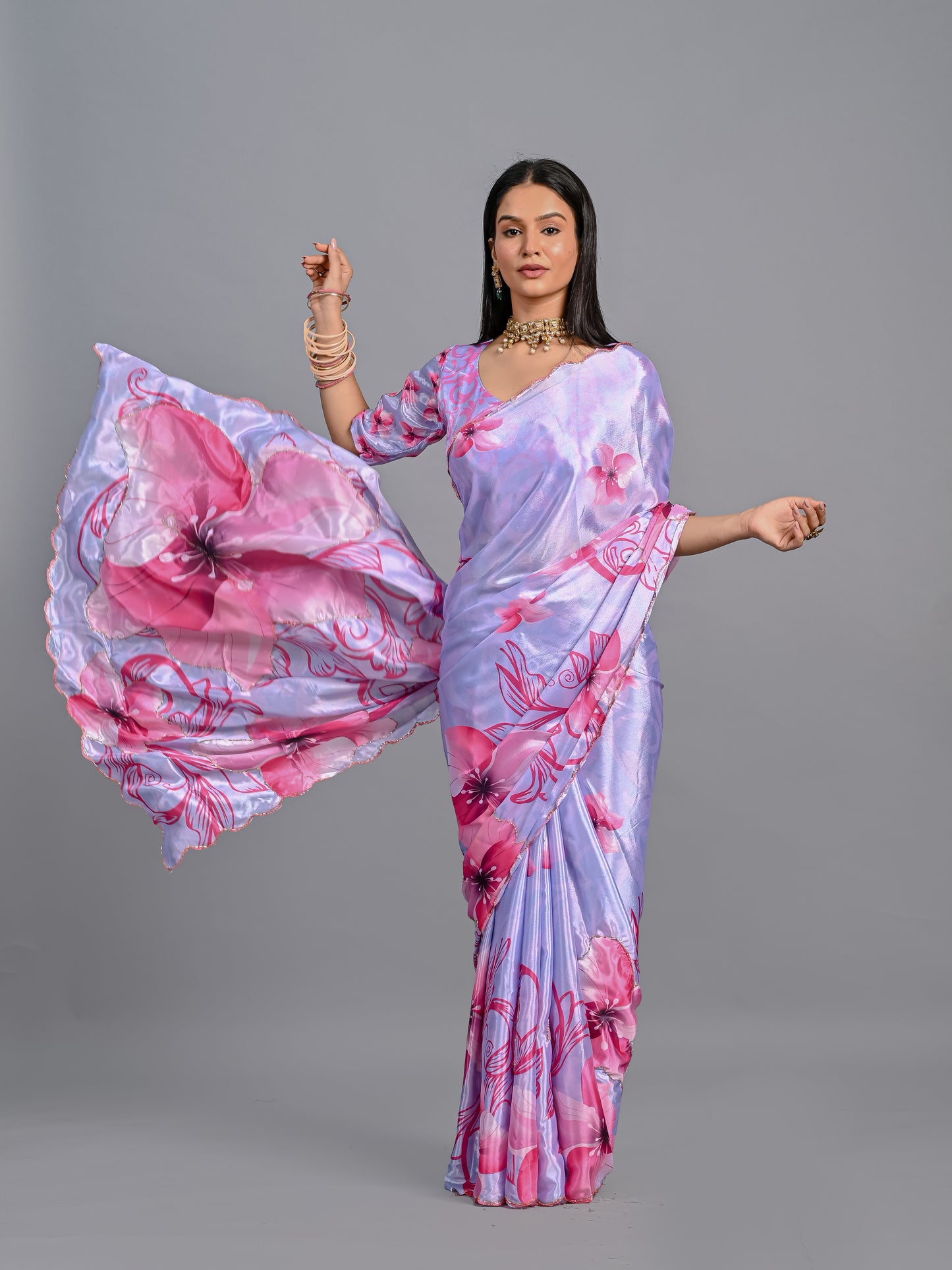 Elegant Pink Floral Designer Poli Chinon Saree with Blouse Piece