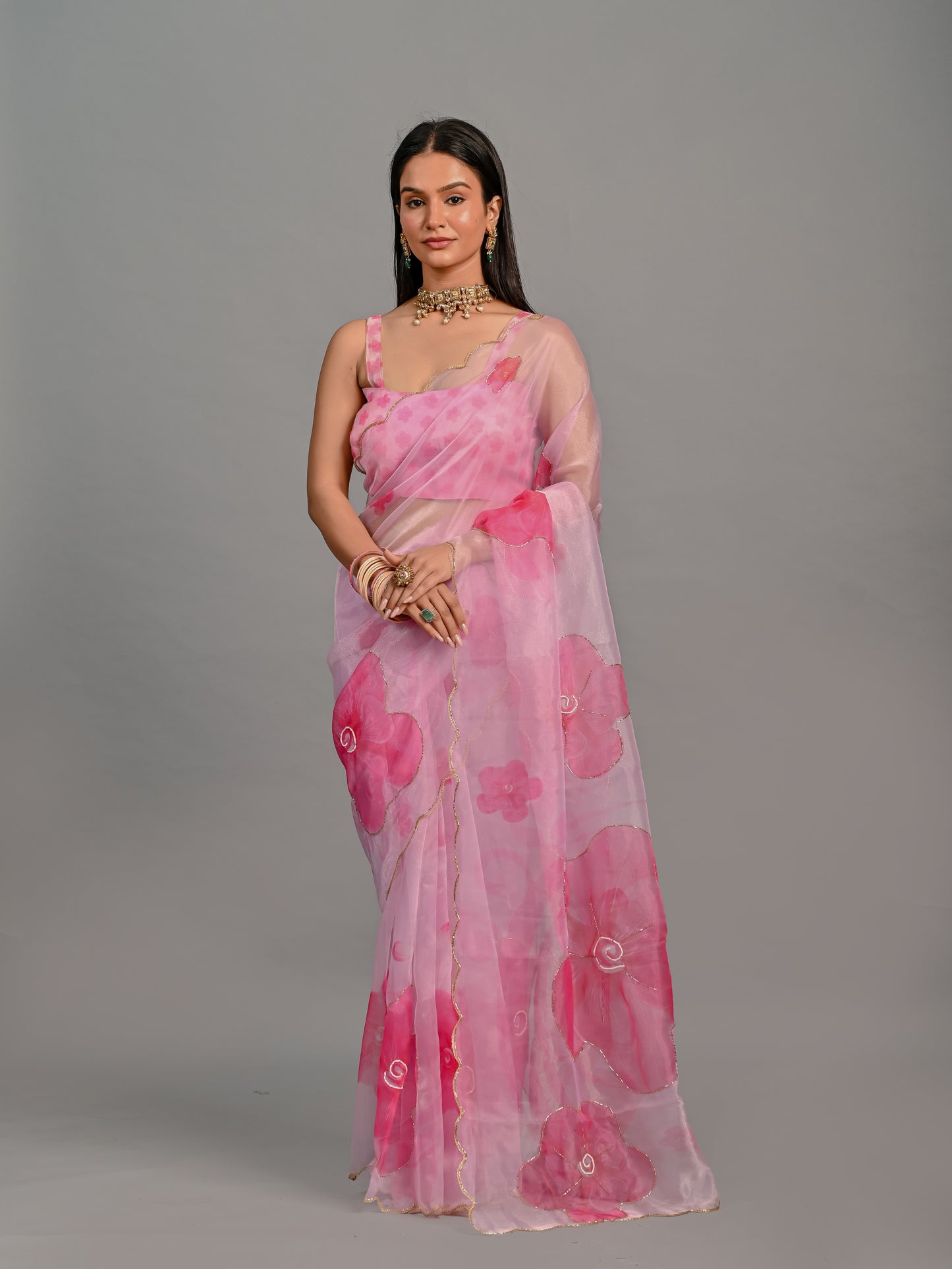 Sheer Poly Organza Saree with Hand-Painted Roses