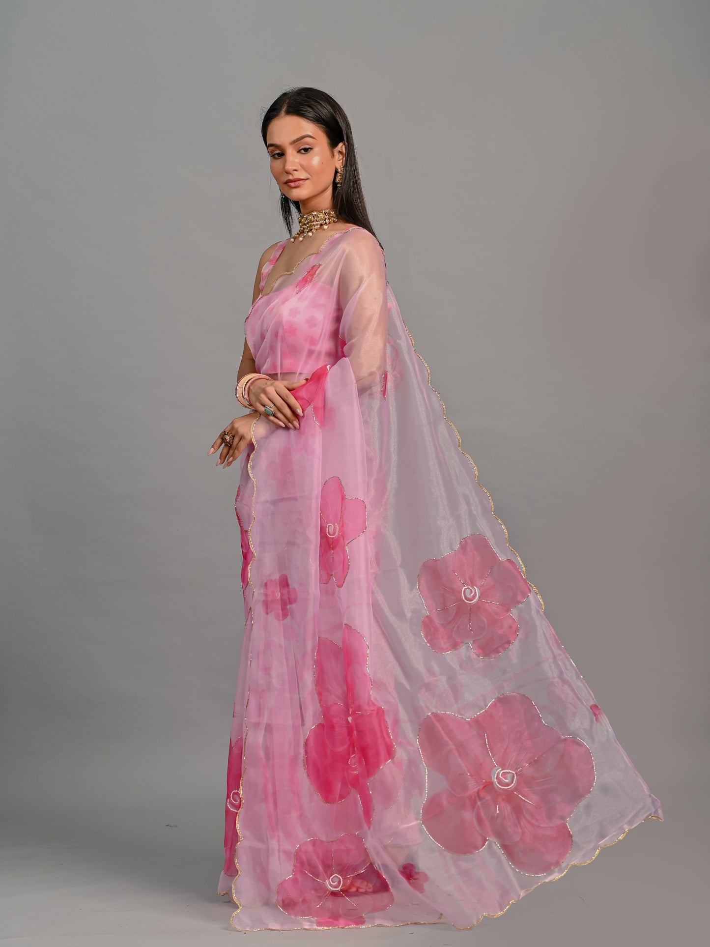 Sheer Poly Organza Saree with Hand-Painted Roses