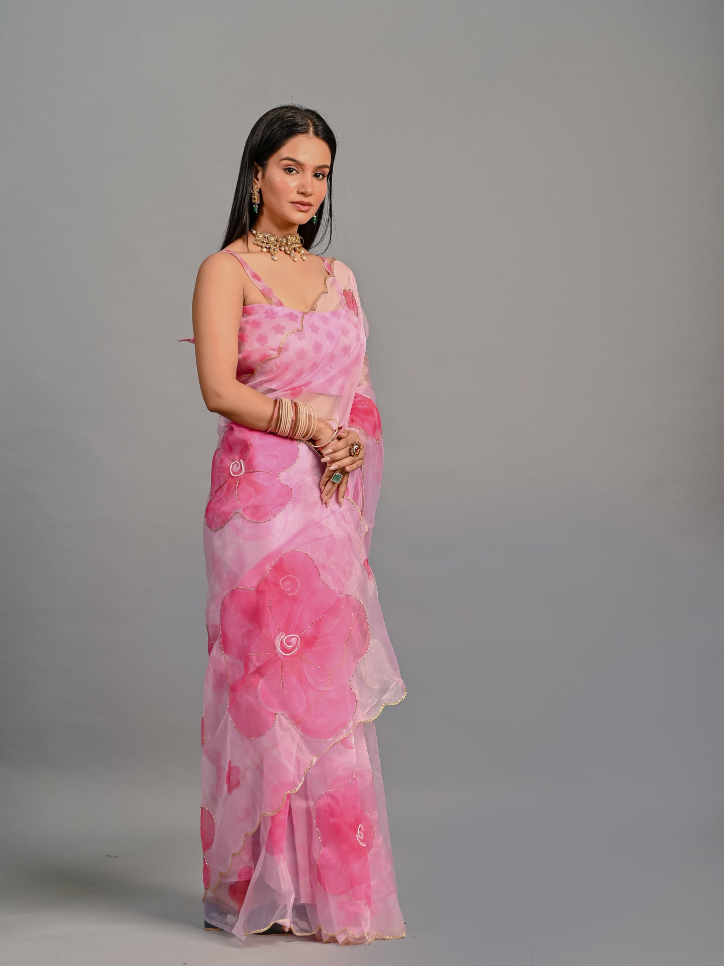 Sheer Poly Organza Saree with Hand-Painted Roses