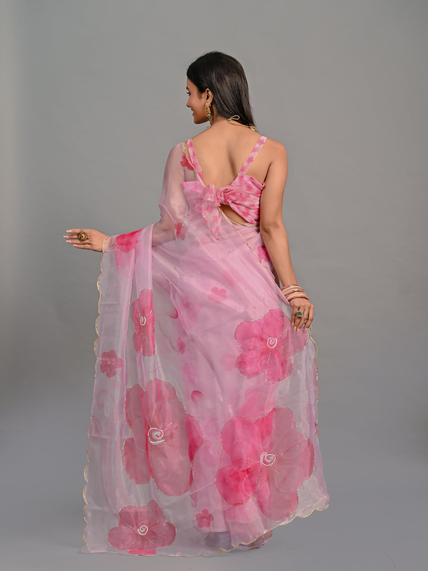Sheer Poly Organza Saree with Hand-Painted Roses