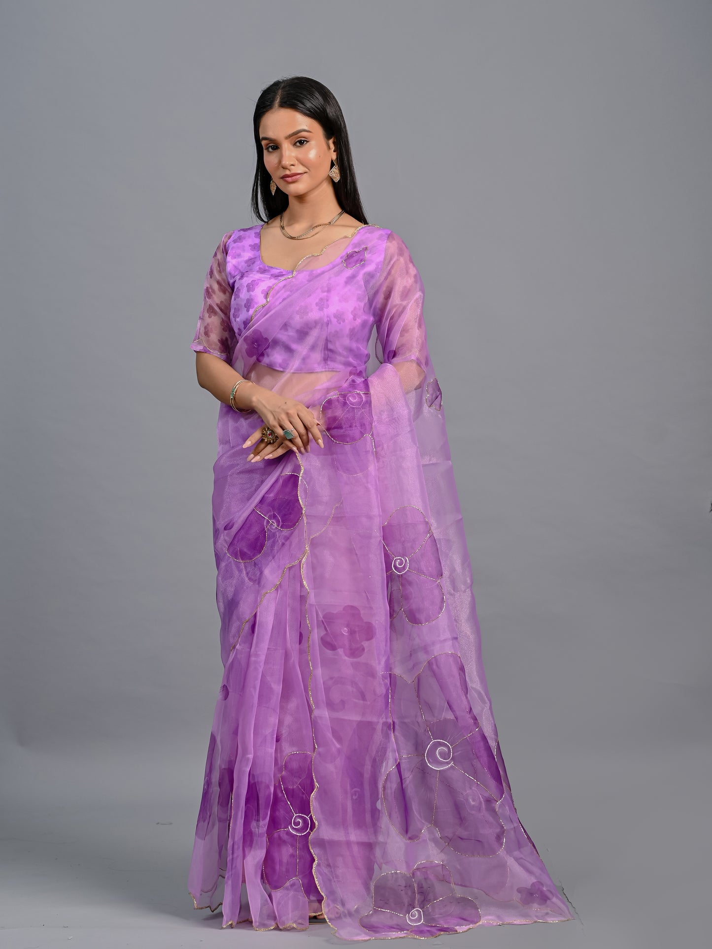 Sheer Poly Organza Saree with Hand-Painted Roses